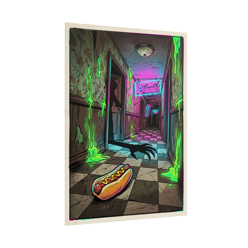Neon Pop Art Horror Hotdog in a Hallway Poster — Hot Dog & Slime Retro Art Print