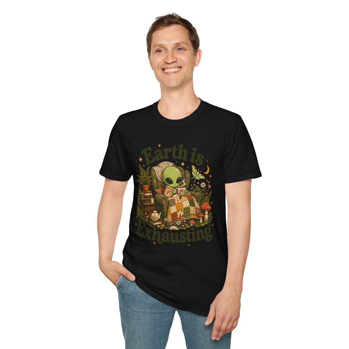 Earth Is Exhausting Alien T-Shirt — Cute Retro Cozy Space Graphic Tee