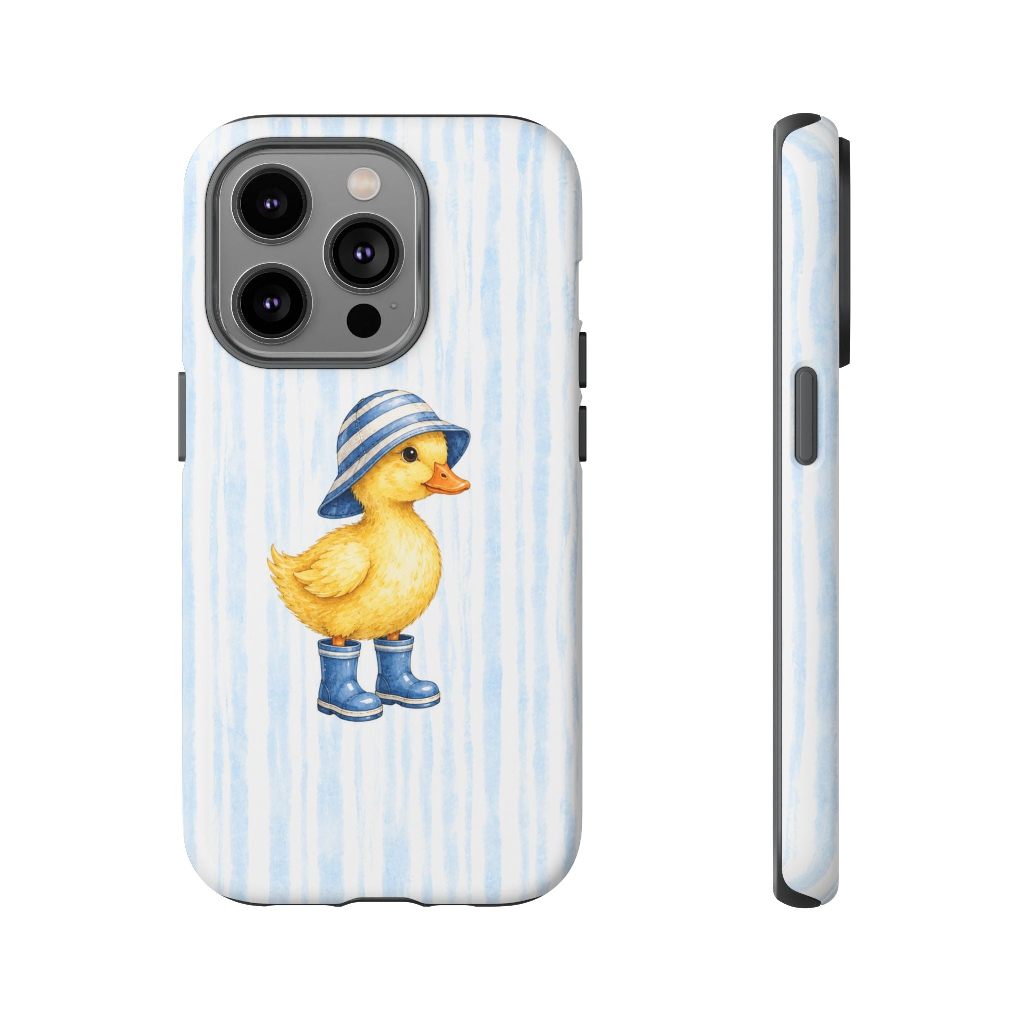 Cute Duckling Phone Case – Baby Blue Stripes with Duck in Hat & Boots