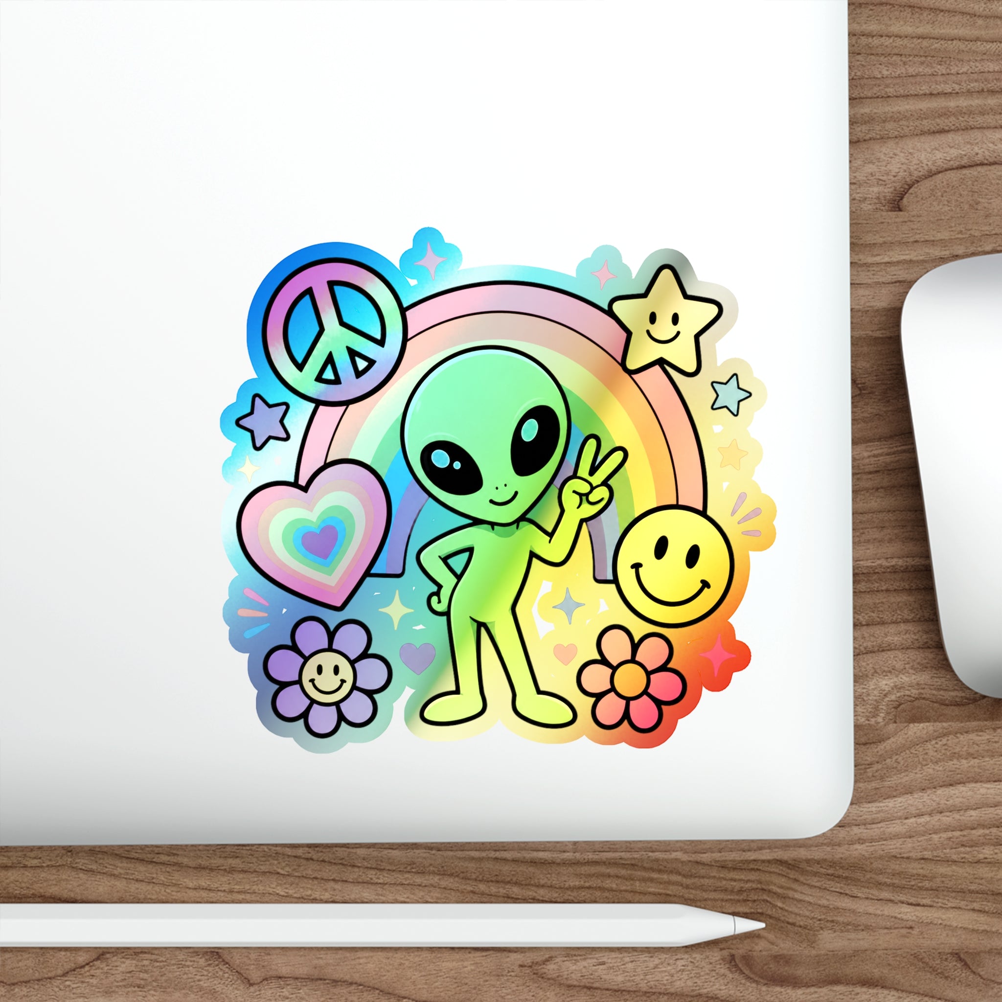 Holographic Alien Peace Sticker — Rainbow Psychedelic Die-Cut Sticker #03