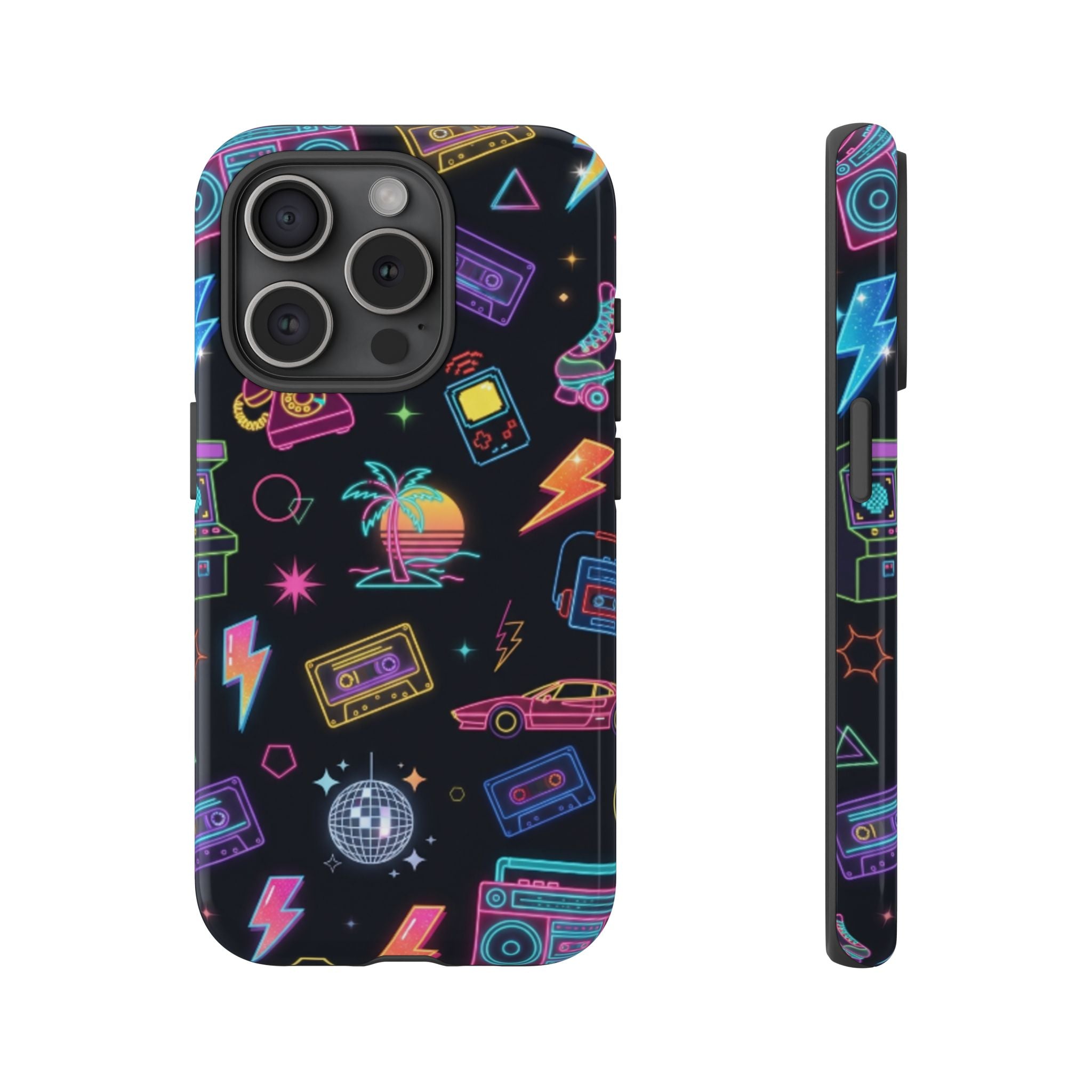 Retro Neon 80s Phone Case — Cassette, Roller Skate & Palm Tree Pattern