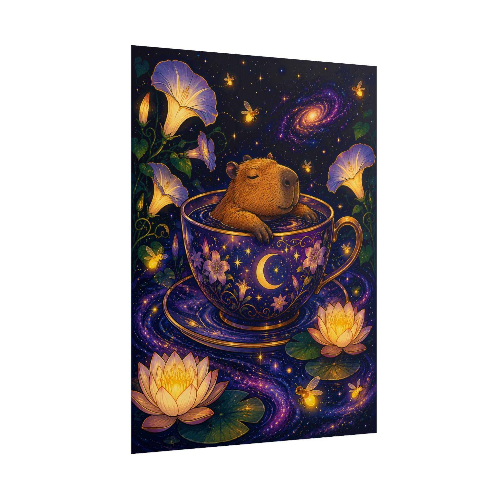 Whimsical Nightcap Poster — Capybara in Teacup Starry Garden Rolled Art Print