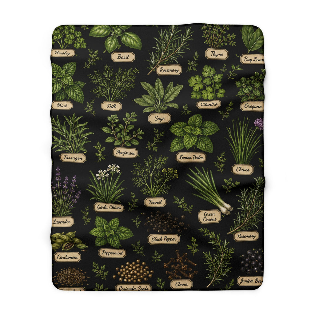 Herb Garden Sherpa Blanket — Cozy Fleece Throw with Labeled Botanical Print