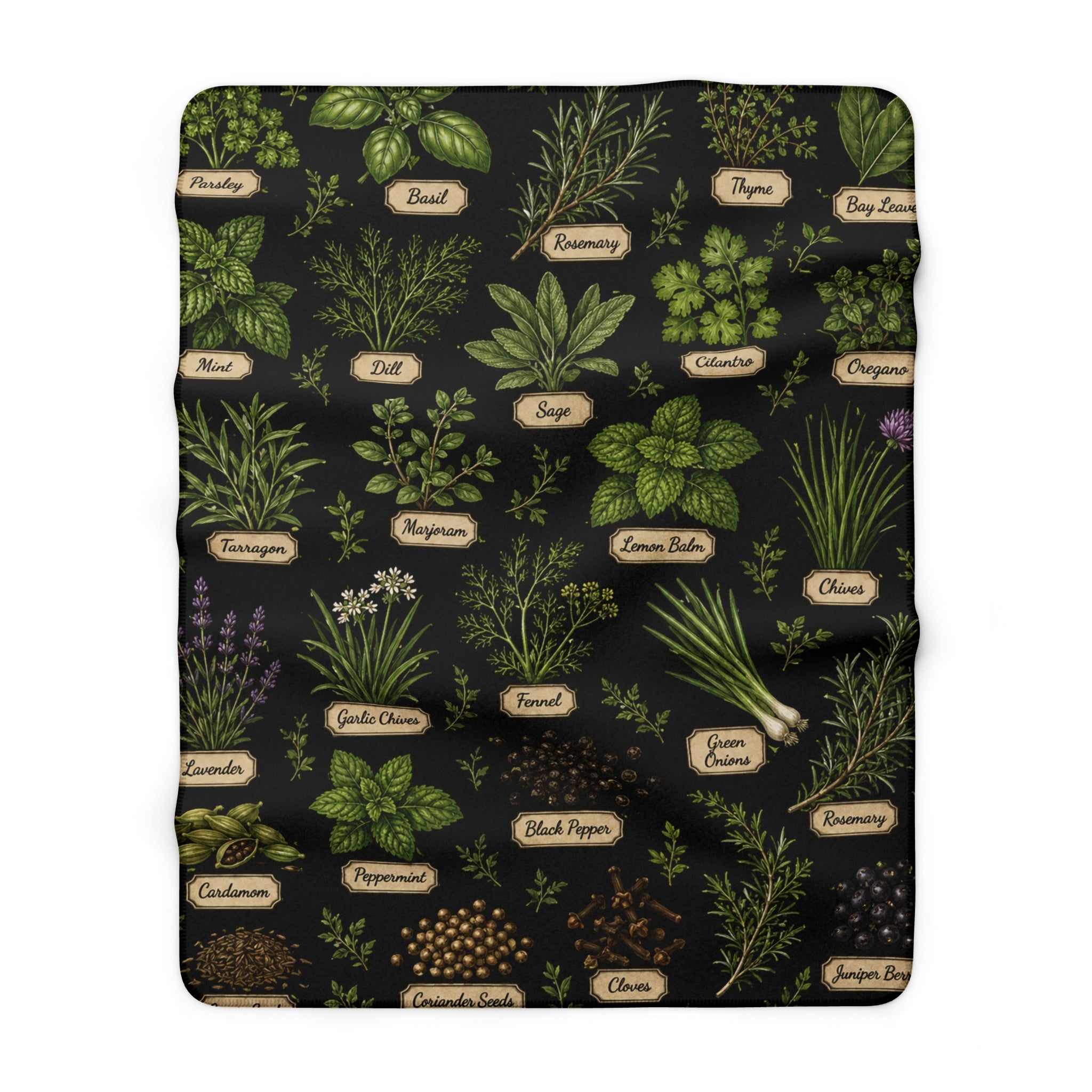 Herb Garden Sherpa Blanket — Cozy Fleece Throw with Labeled Botanical Print