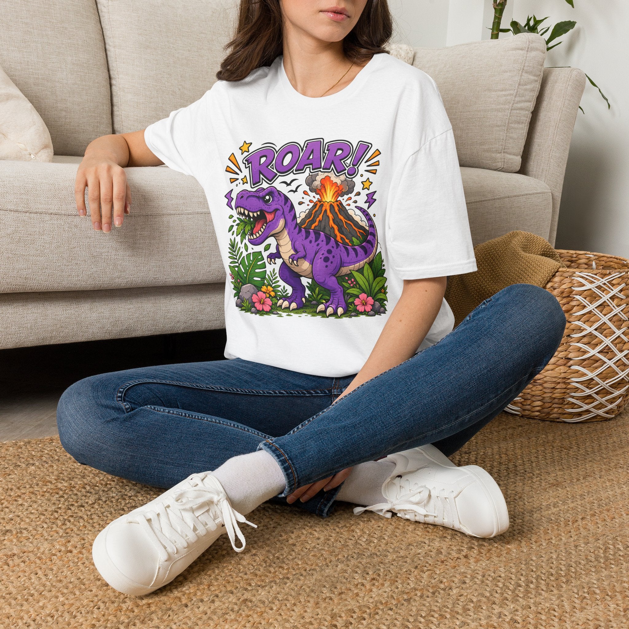 T-Shirt — 'ROAR!' Purple Dinosaur Volcano Graphic Tee