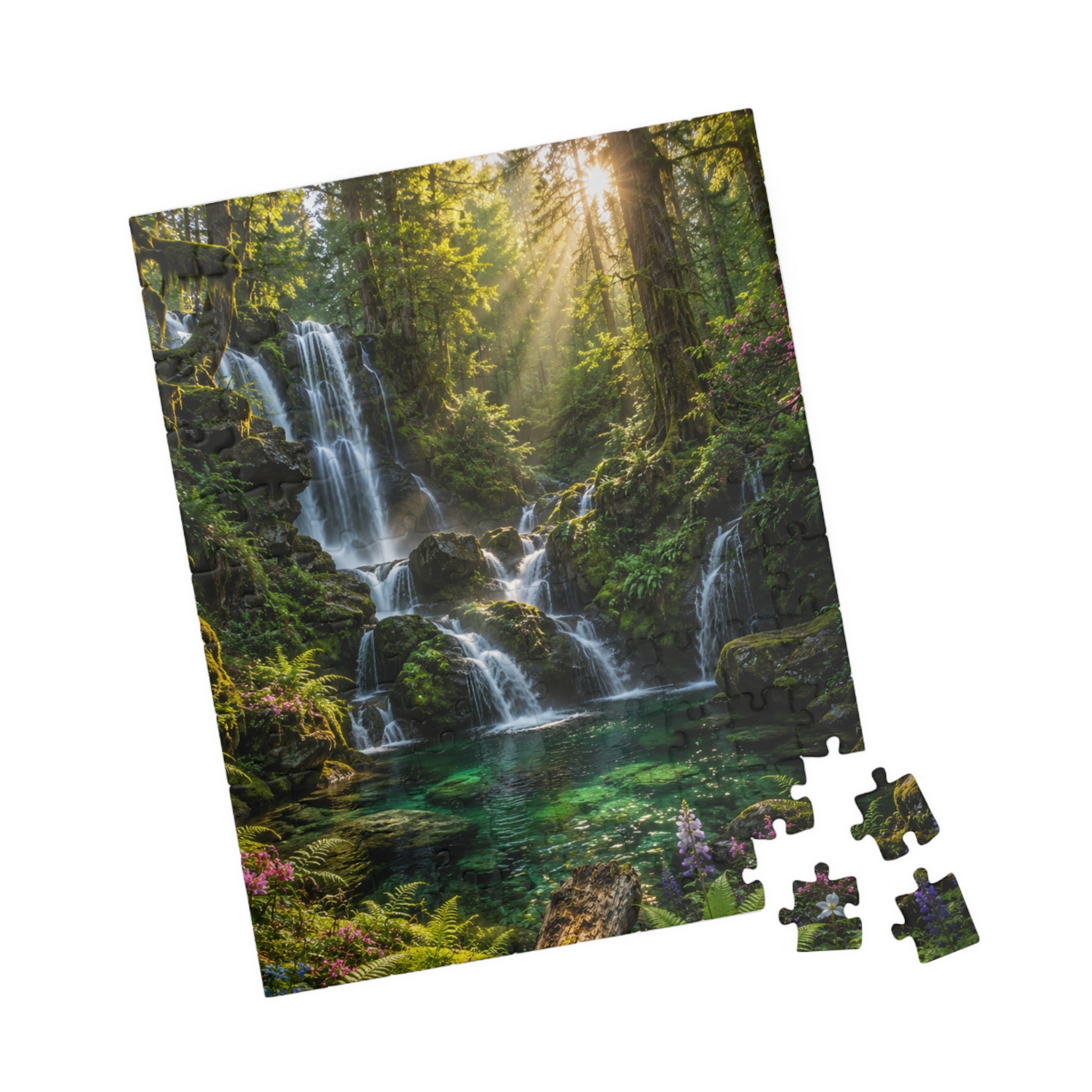 Enchanted Waterfall Forest Puzzle — Scenic Nature Jigsaw (110/252/520/1014 pcs)