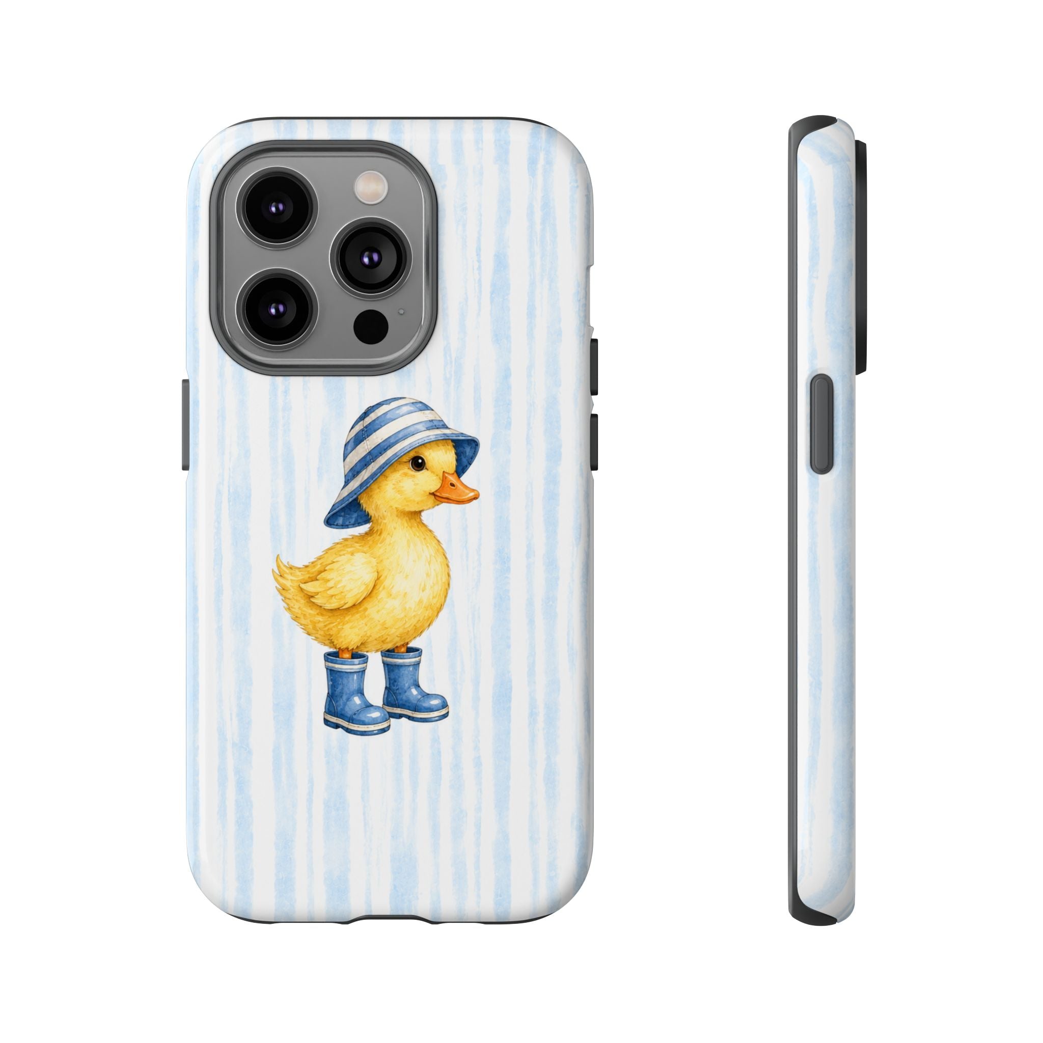 Cute Duckling Phone Case – Baby Blue Stripes with Duck in Hat & Boots