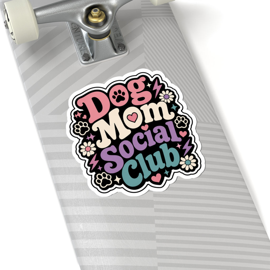 Dog Mom Social Club Sticker — Retro Floral Paw Print Kiss-Cut Sticker