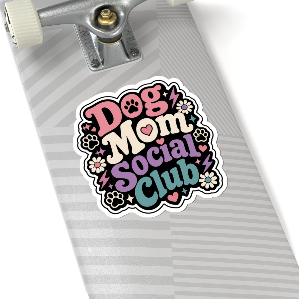 Dog Mom Social Club Sticker — Retro Floral Paw Print Kiss-Cut Sticker