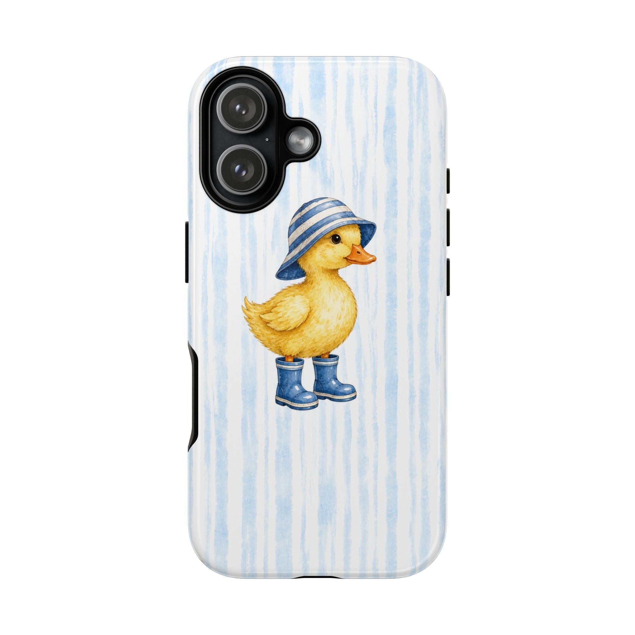 Cute Duckling Phone Case – Baby Blue Stripes with Duck in Hat & Boots