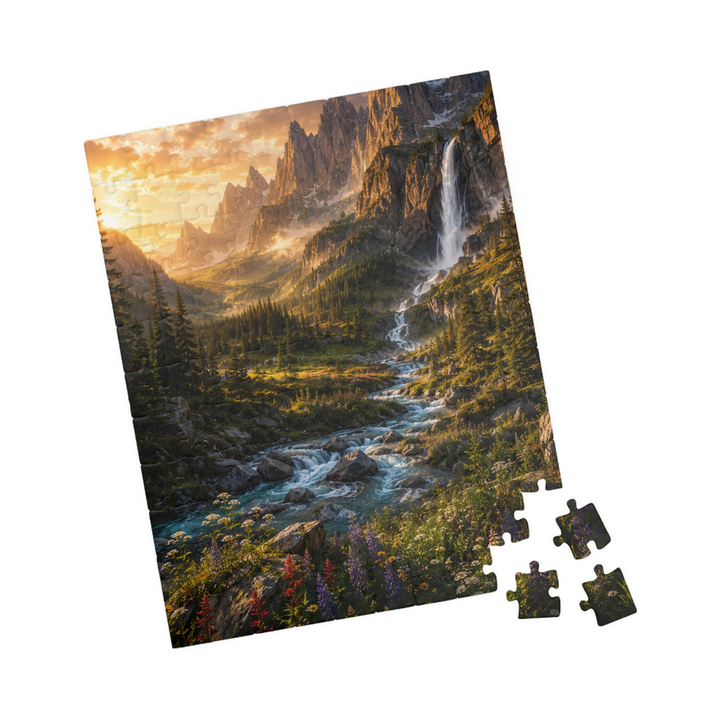 Mountain Valley Waterfall Jigsaw Puzzle — Scenic Nature Landscape Puzzle (110/252/520/1014 pcs)