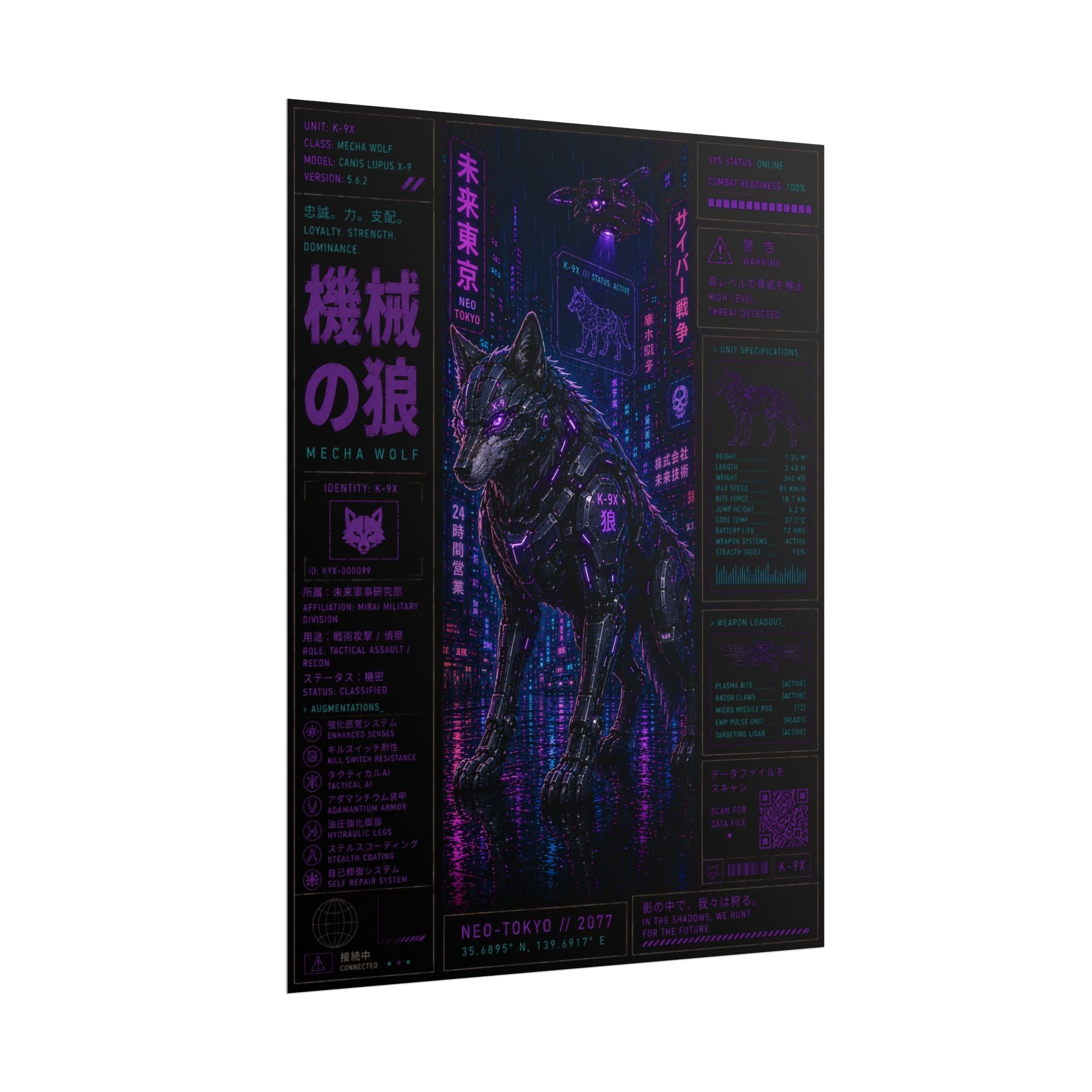 Cyberpunk Mecha Wolf Poster — Neon Tokyo Mecha Wolf Rolled Art Print