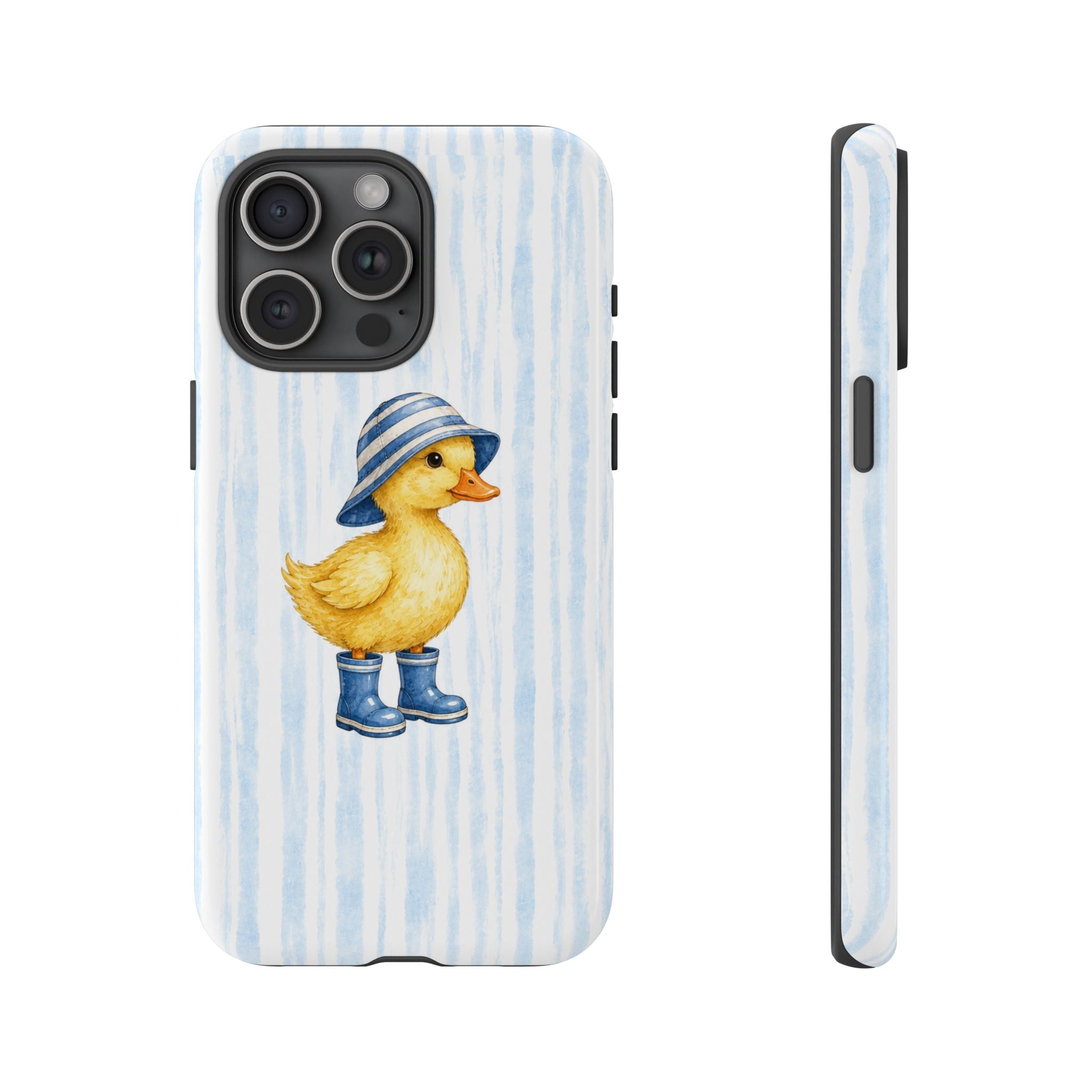 Cute Duckling Phone Case – Baby Blue Stripes with Duck in Hat & Boots