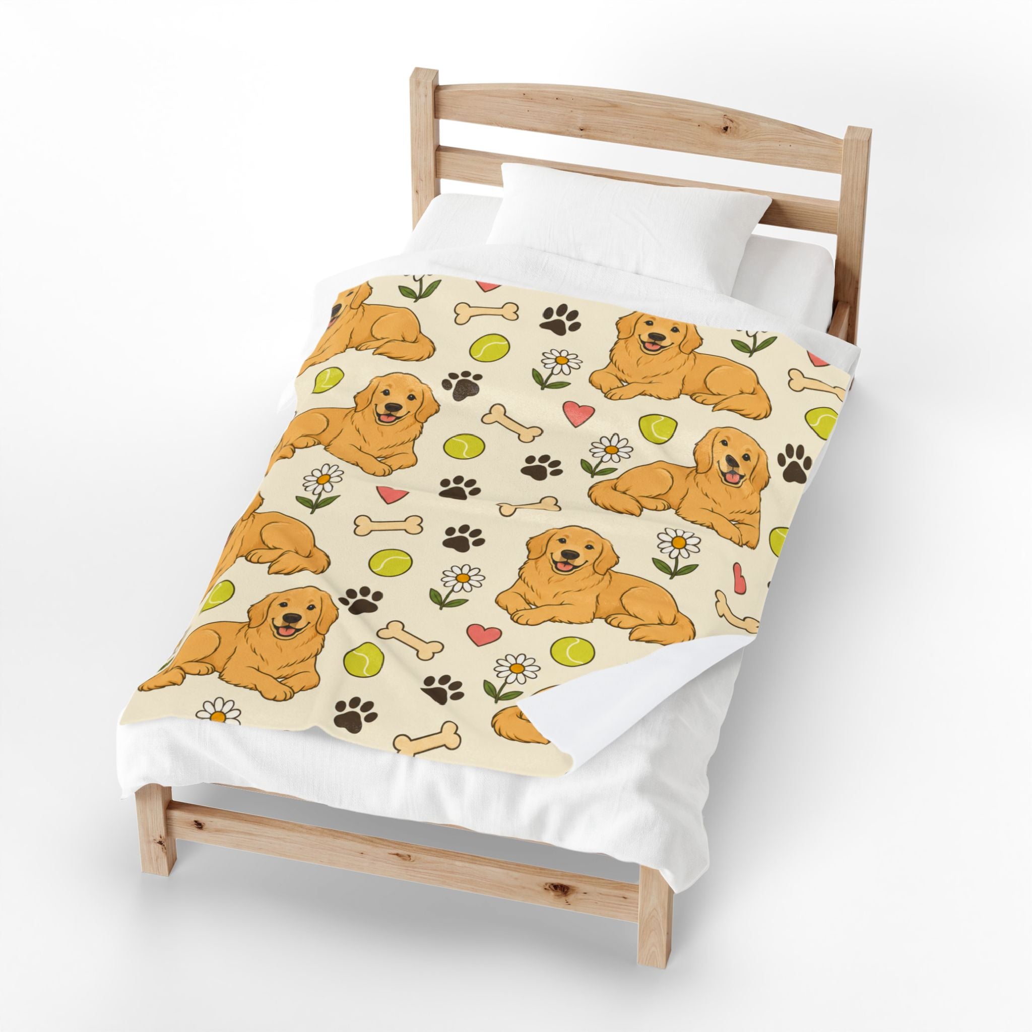 Golden Retriever Pattern Velveteen Plush Blanket — Cute Dog, Paw & Toy Design