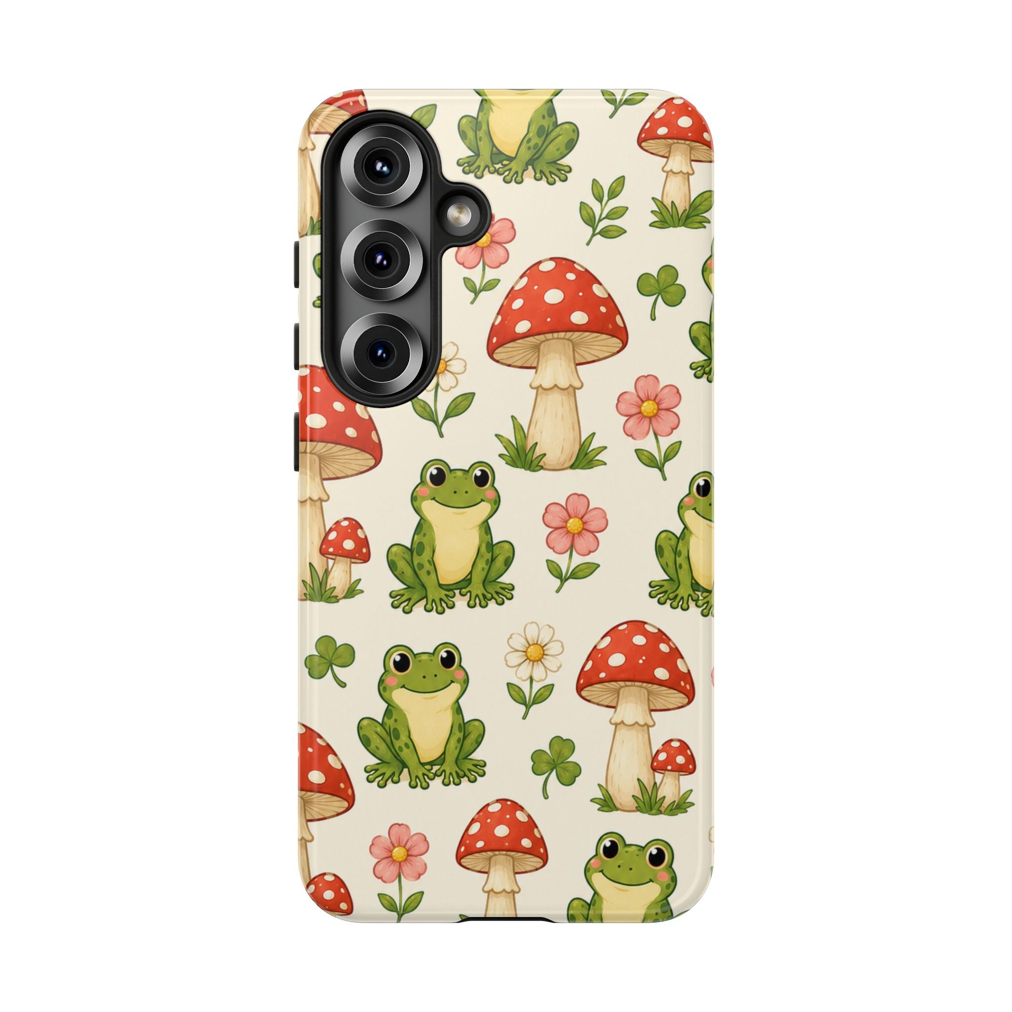 Kawaii Frog & Red Capped Mushroom Phone Case – Cute Nature Pattern Protective Cover