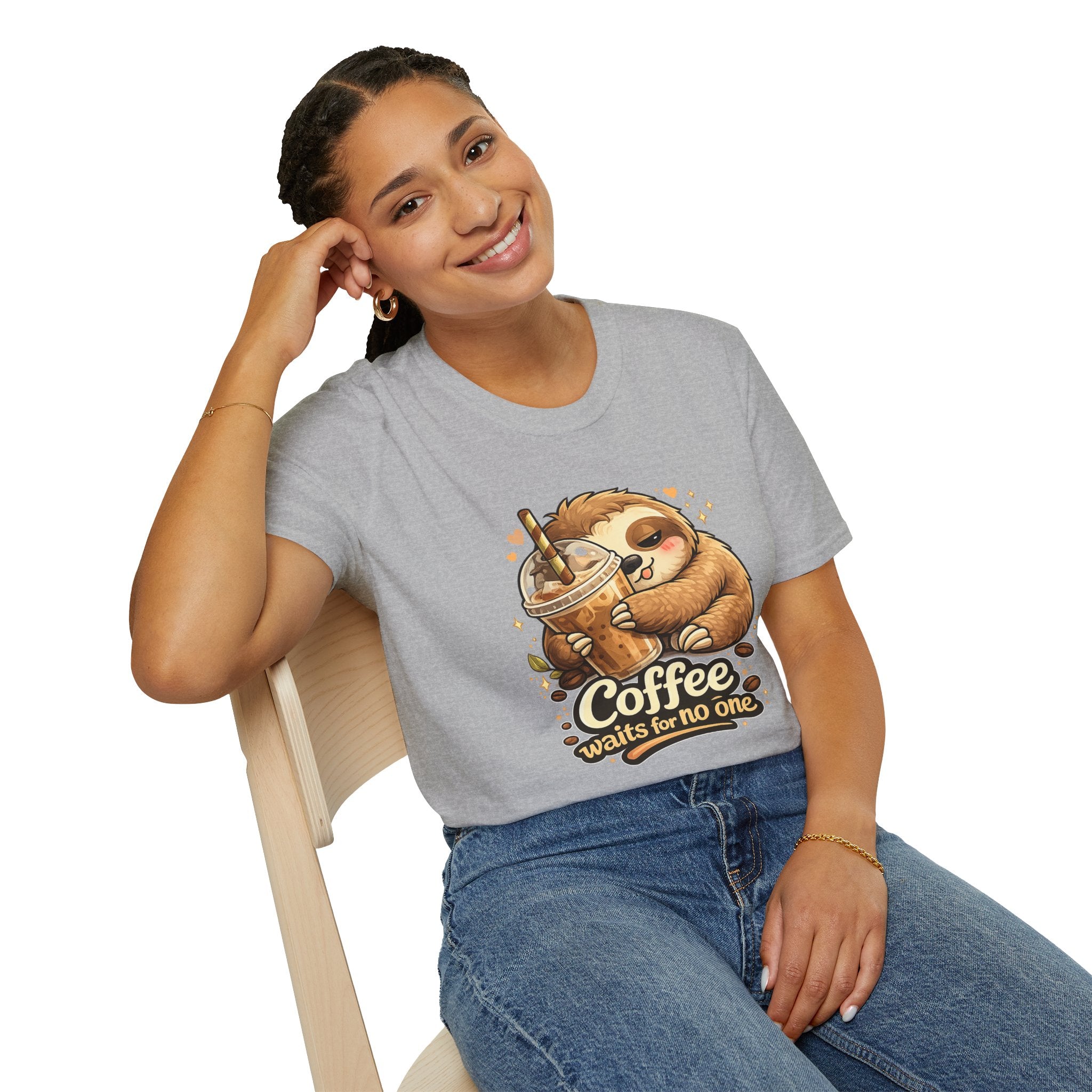 Cute Sloth Hugging Iced Coffee "Coffee Waits For No One" — T‑Shirt Gift