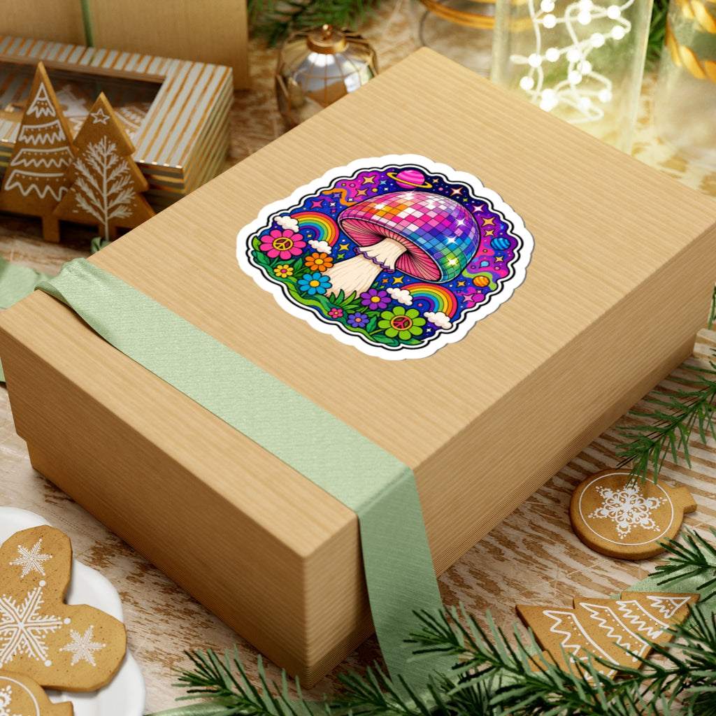 Psychedelic Disco Mushroom Sticker — Rainbow Retro Floral Kiss-Cut Vinyl