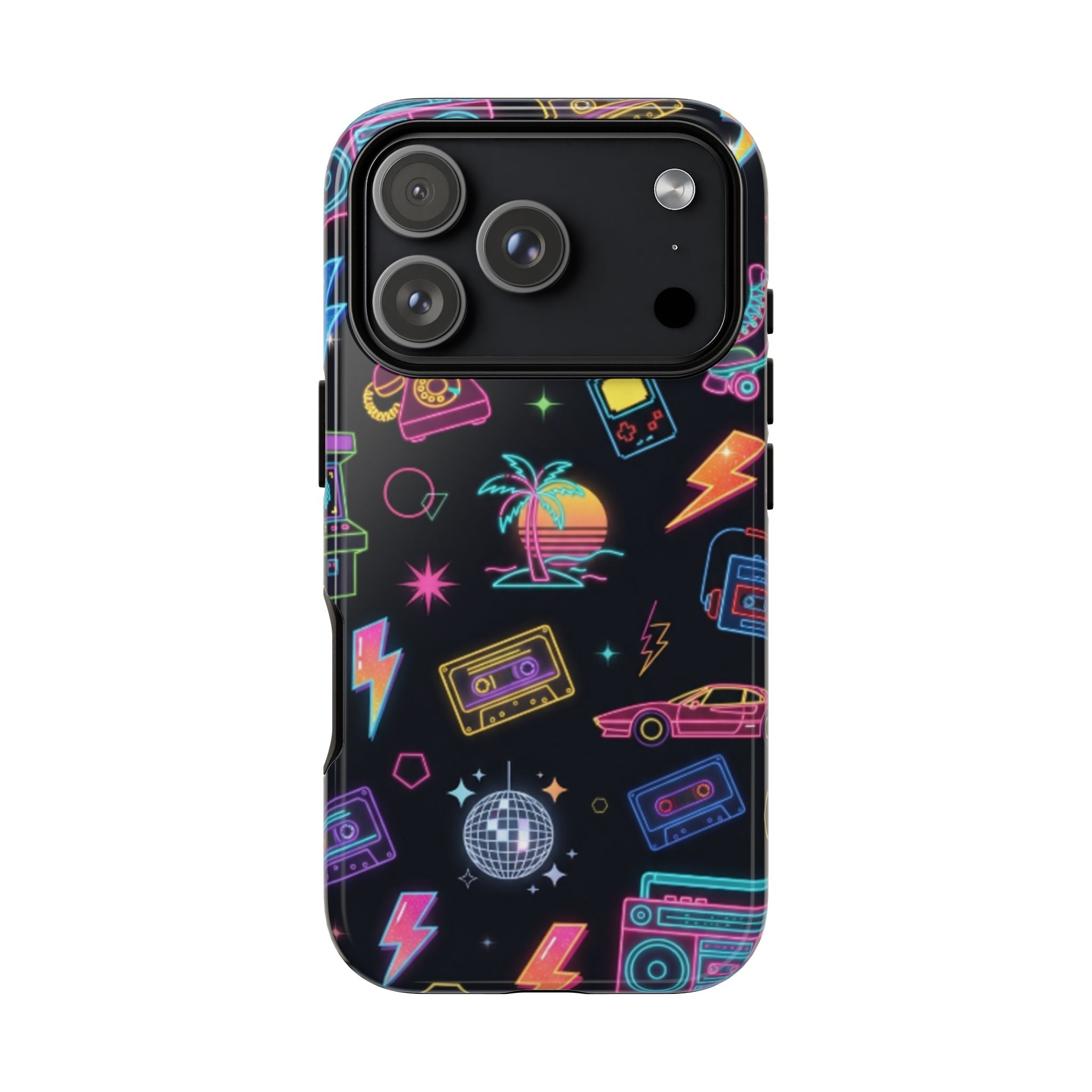 Retro Neon 80s Phone Case — Cassette, Roller Skate & Palm Tree Pattern
