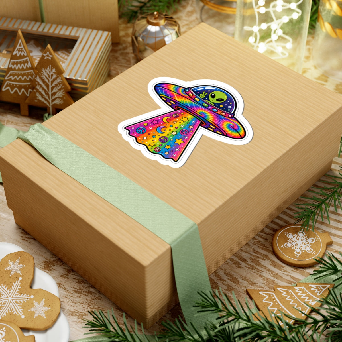 Psychedelic Alien UFO Sticker — Rainbow Tie-Dye Peace & Stars Kiss-Cut