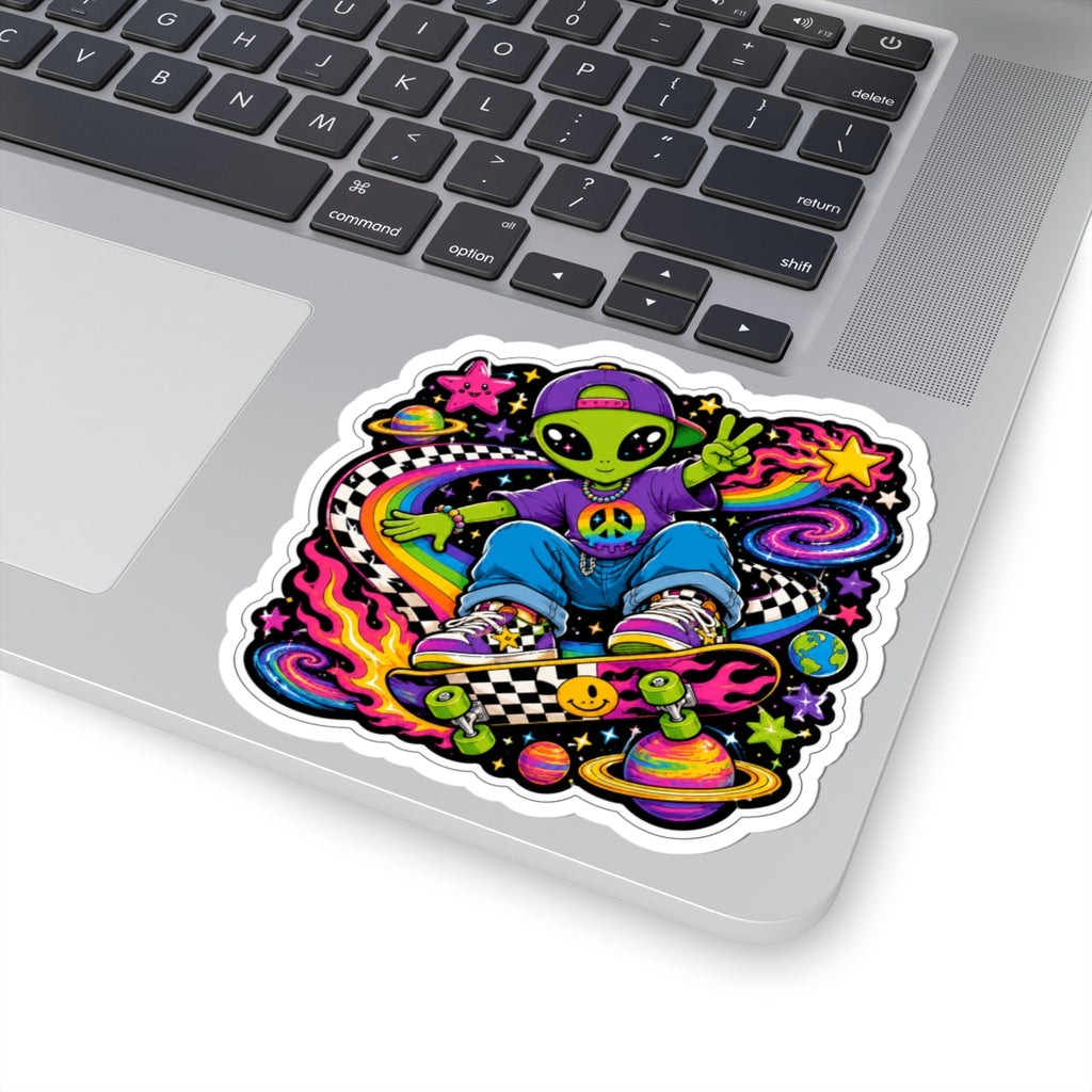 Alien Skateboarder Kiss-Cut Sticker — Neon Cosmic Peace Sign
