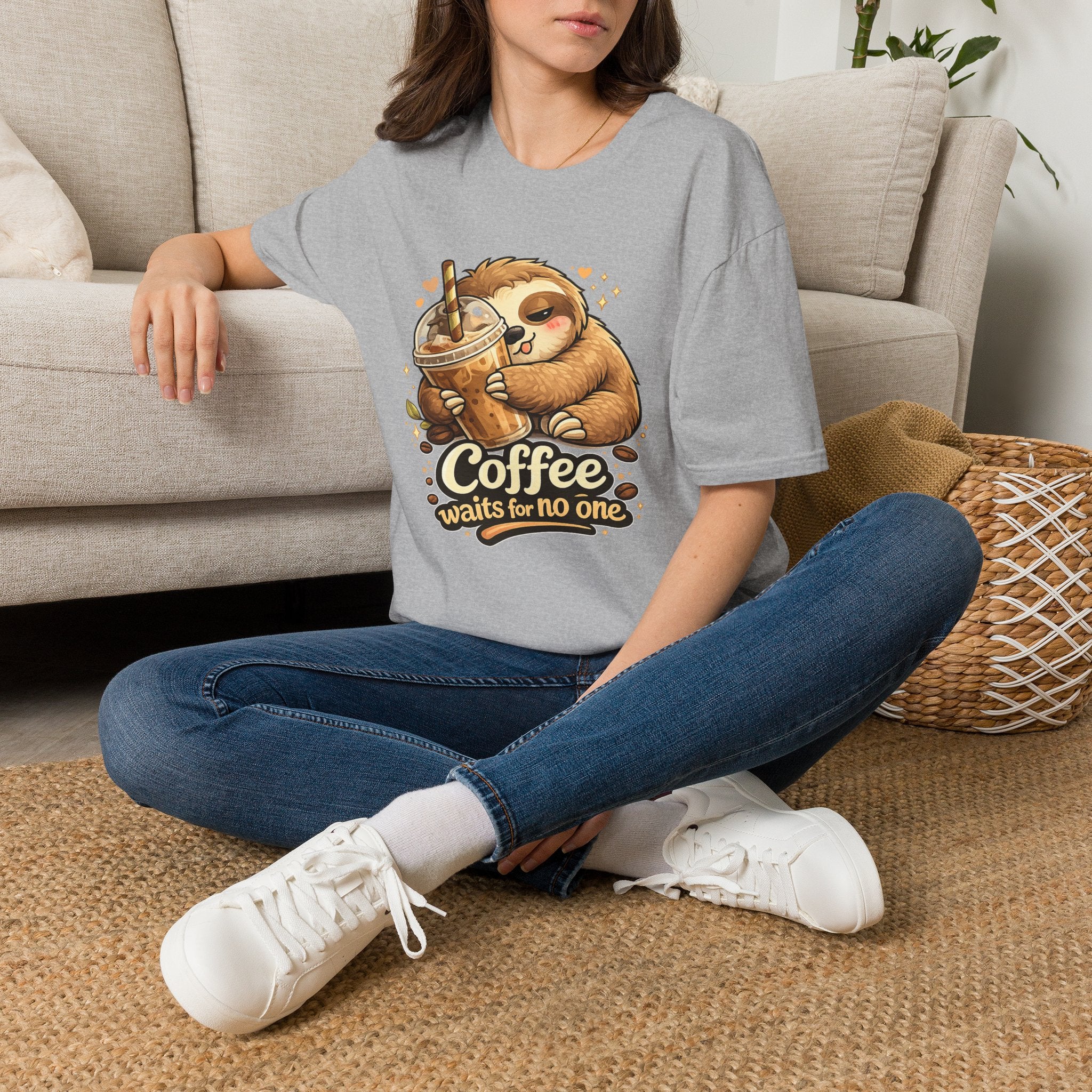 Cute Sloth Hugging Iced Coffee "Coffee Waits For No One" — Coffee Sloth T‑Shirt Gift