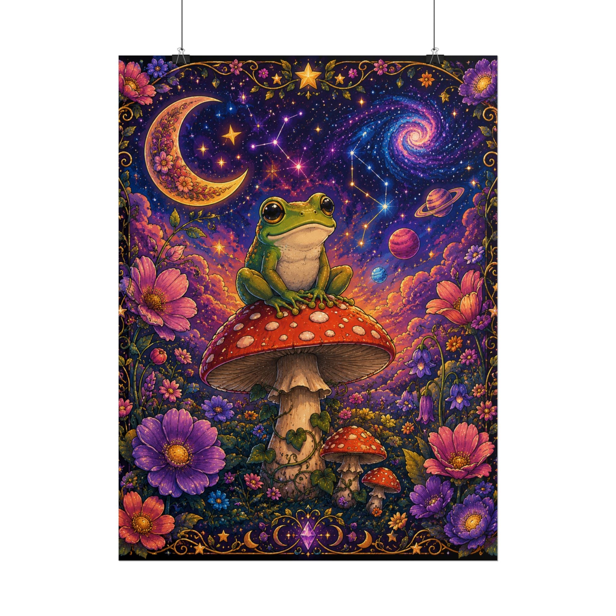 Psychedelic Cosmic Frog Red Capped Mushroom Poster — Cosmic Moon & Stars Wall Art