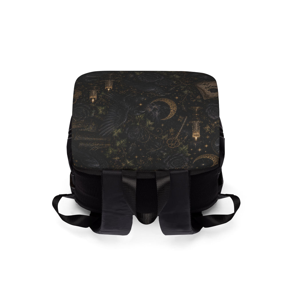 Celestial Gothic Canvas Shoulder Backpack — Moon, Candles & Raven Flap Pack