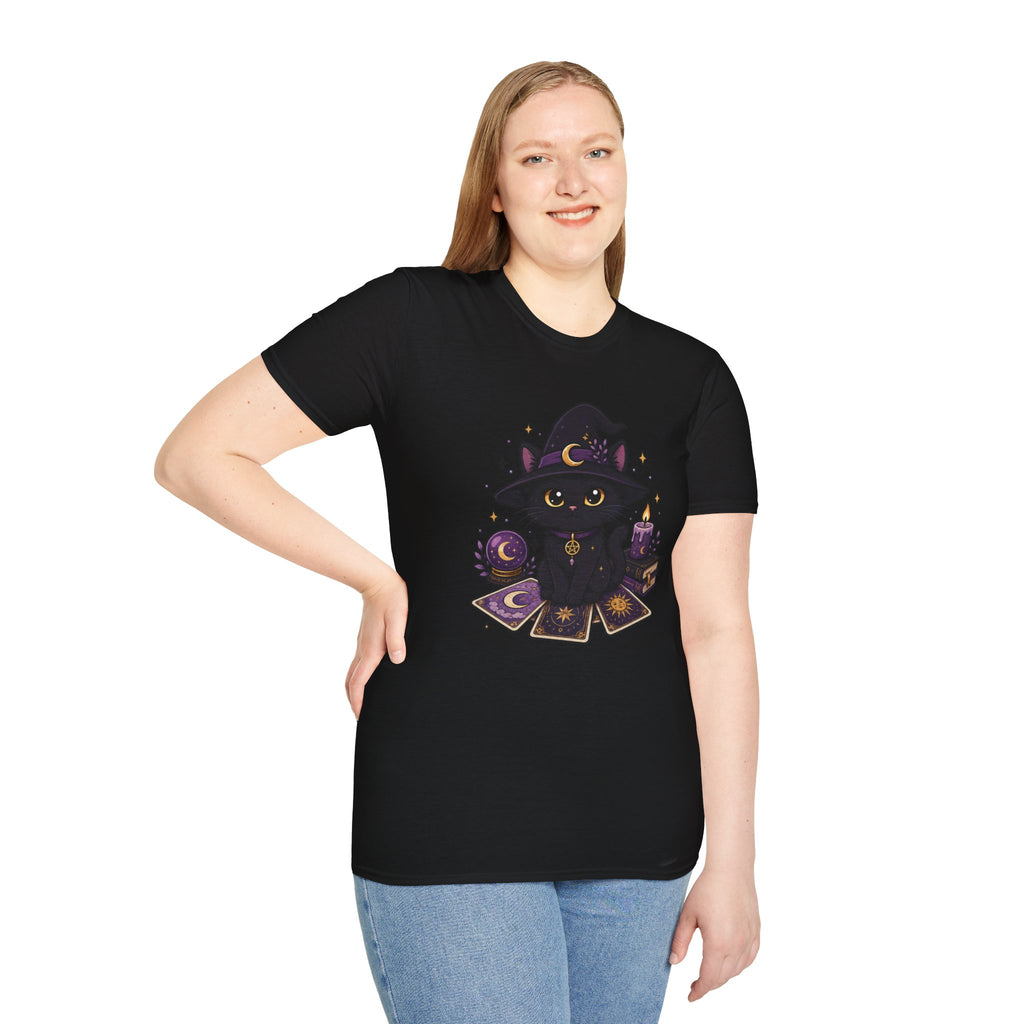 Tarot Cat T-Shirt — Cute Black Cat with Witch Hat & Tarot Candles