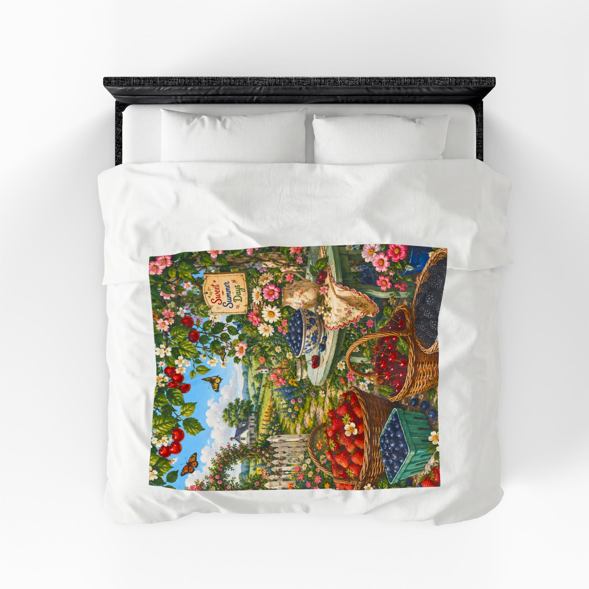 Velveteen Blanket — "Sweet Summer Days" Cottage Garden Berry Print Plush Throw
