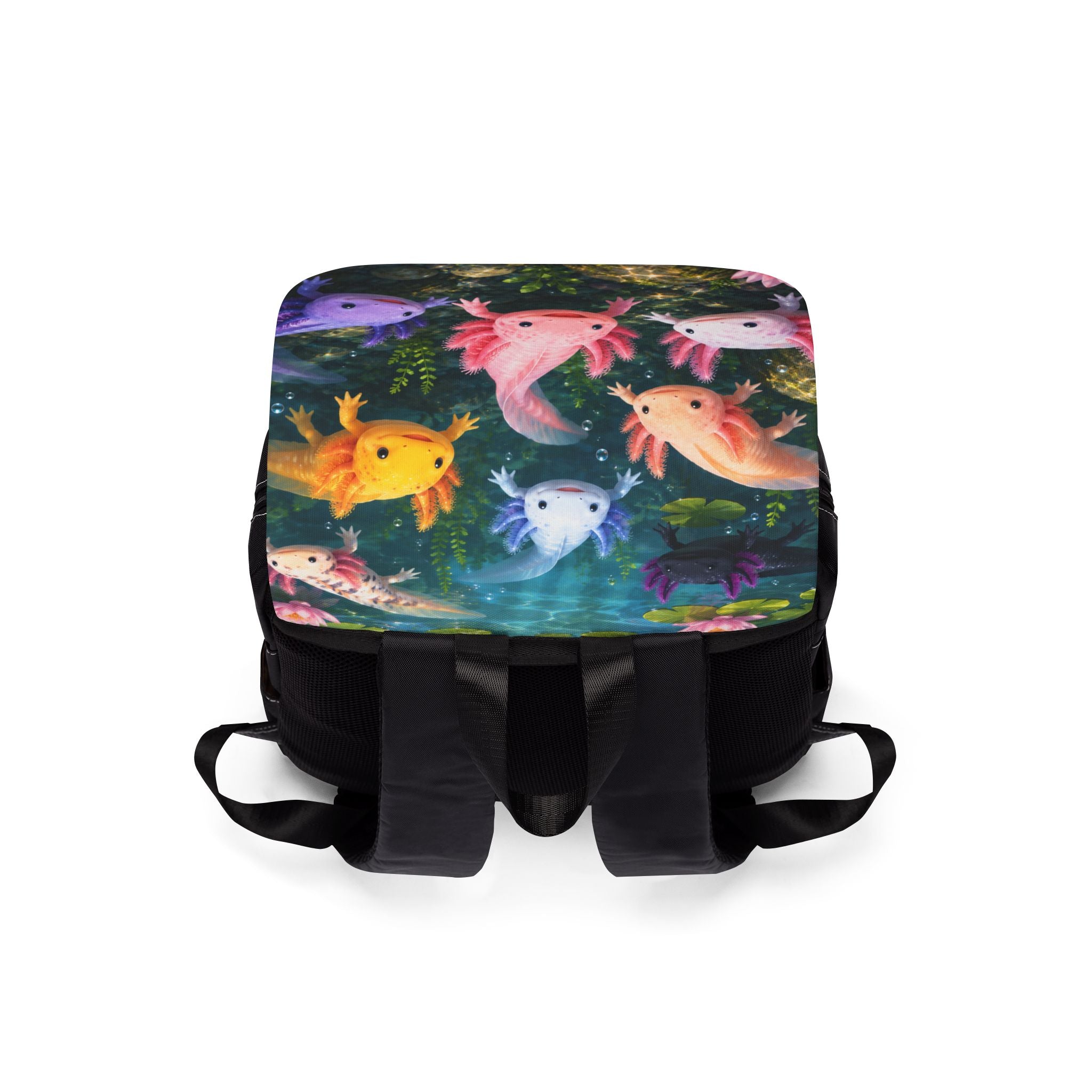 Axolotl Garden Pond Shoulder Backpack — Colorful Cute Amphibian Shoulder Backpack