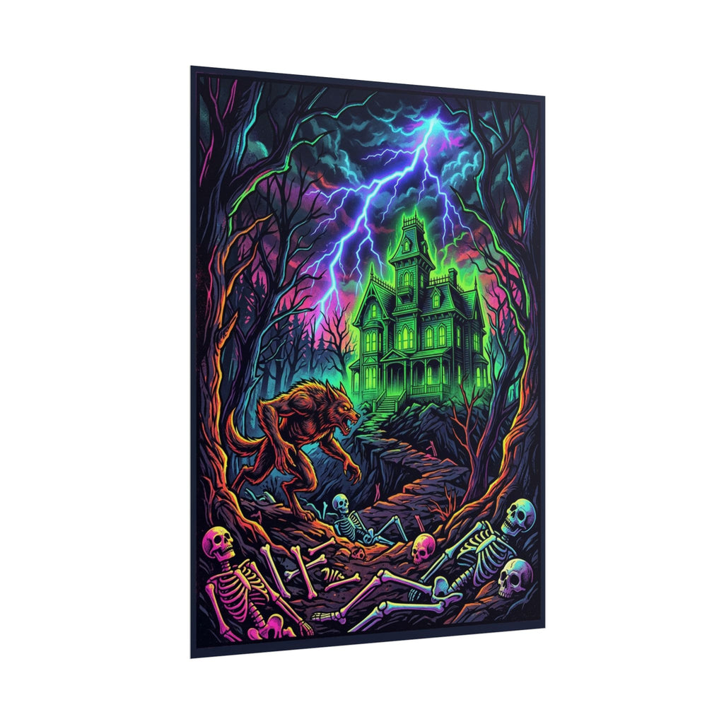 Haunted Manor Neon Pop Art Poster — Spooky Werewolf Horror Wall Art (Rolled Poster)