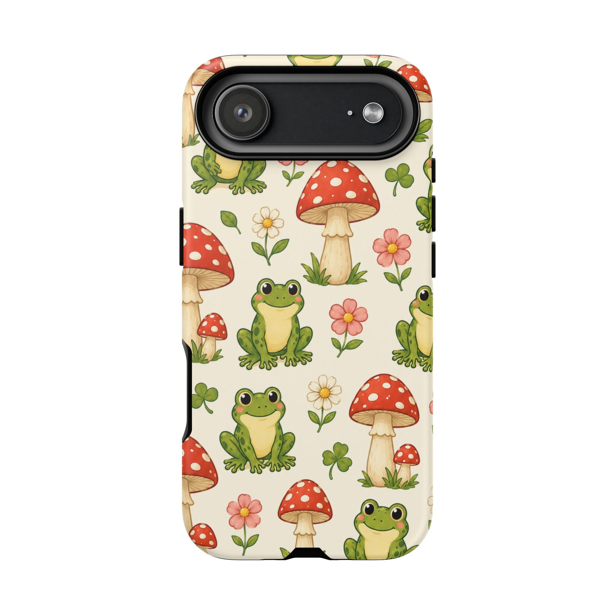 Kawaii Frog & Red Capped Mushroom Phone Case – Cute Nature Pattern Protective Cover