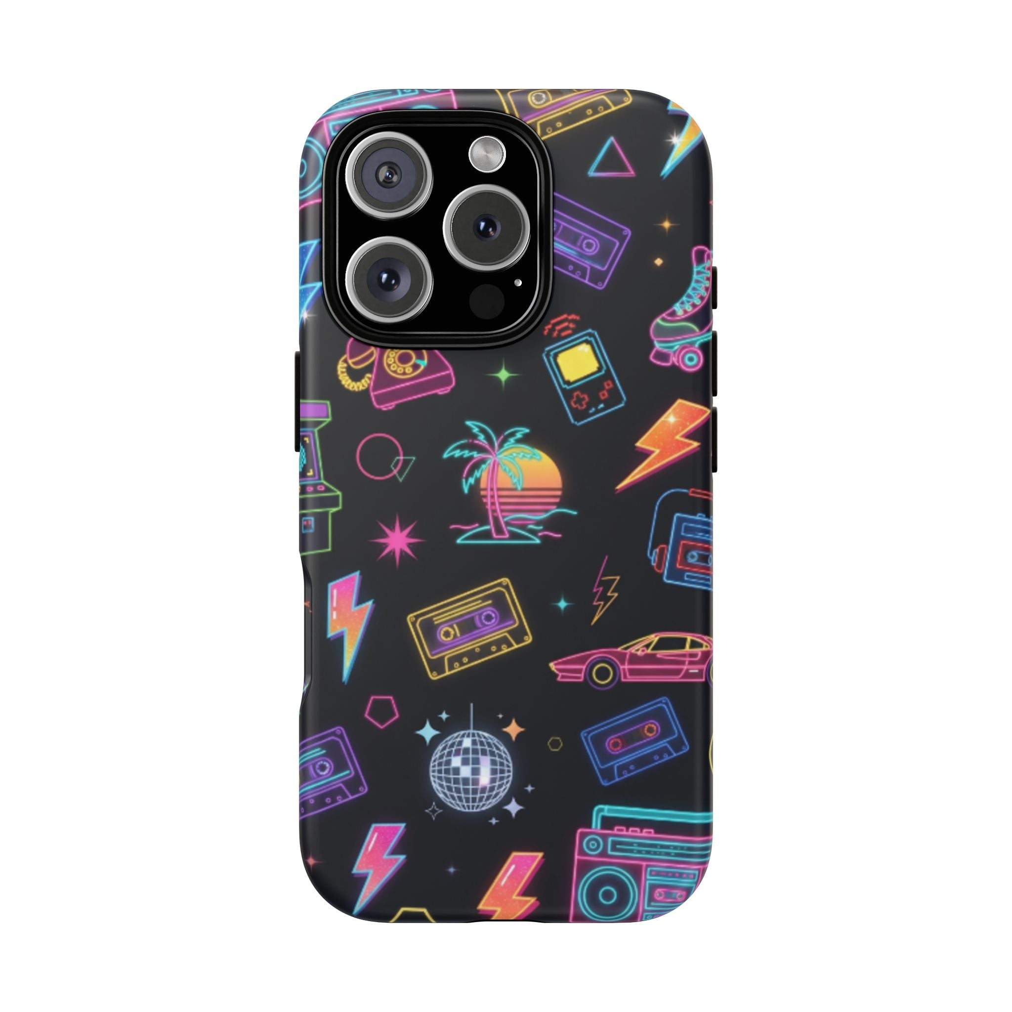 Retro Neon 80s Phone Case — Cassette, Roller Skate & Palm Tree Pattern