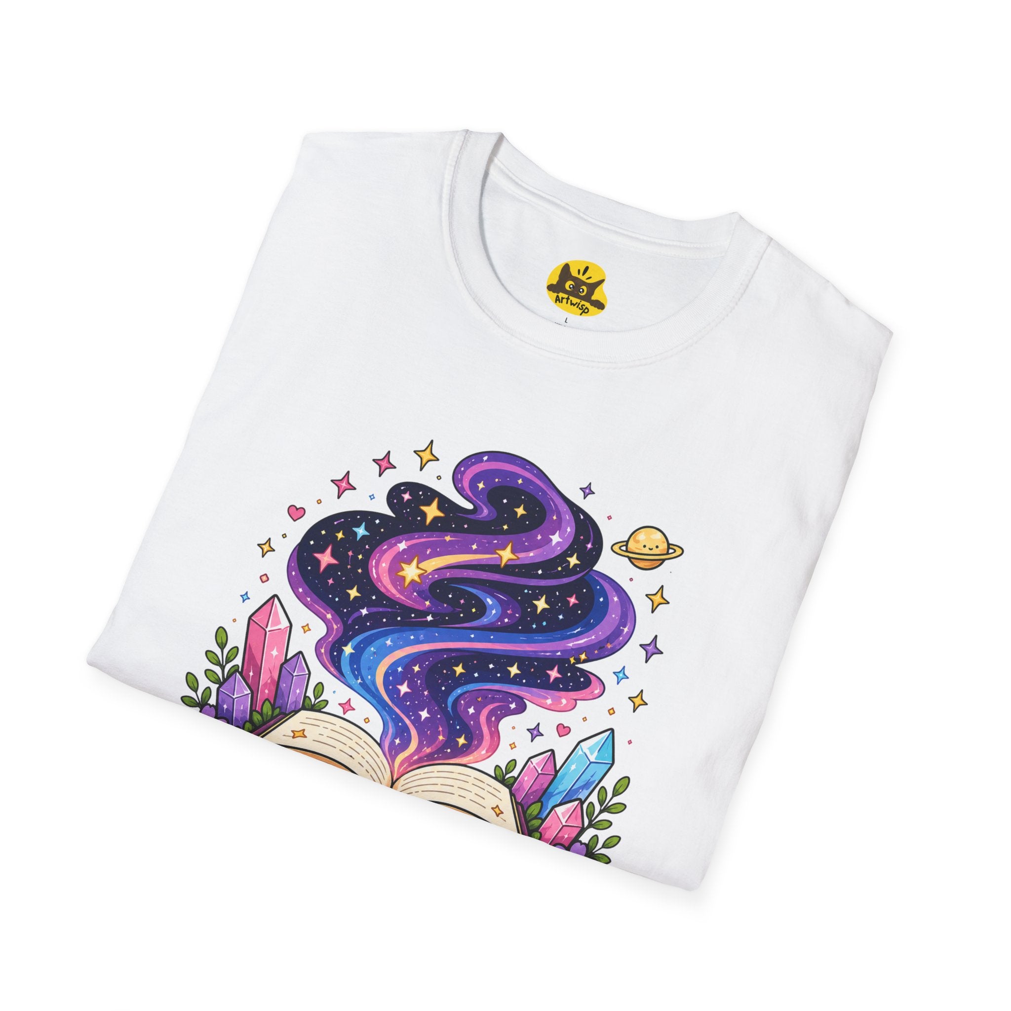 Booklover T-Shirt — “Made of Stardust & Stories” Cosmic Crystal Graphic Tee