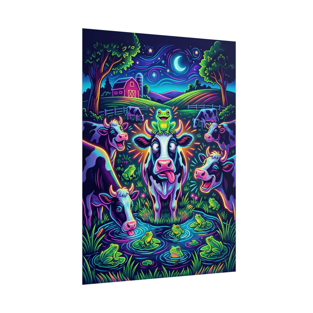 Neon Pop Art Farm Night Poster — Whimsical Cow & Frog Art Print