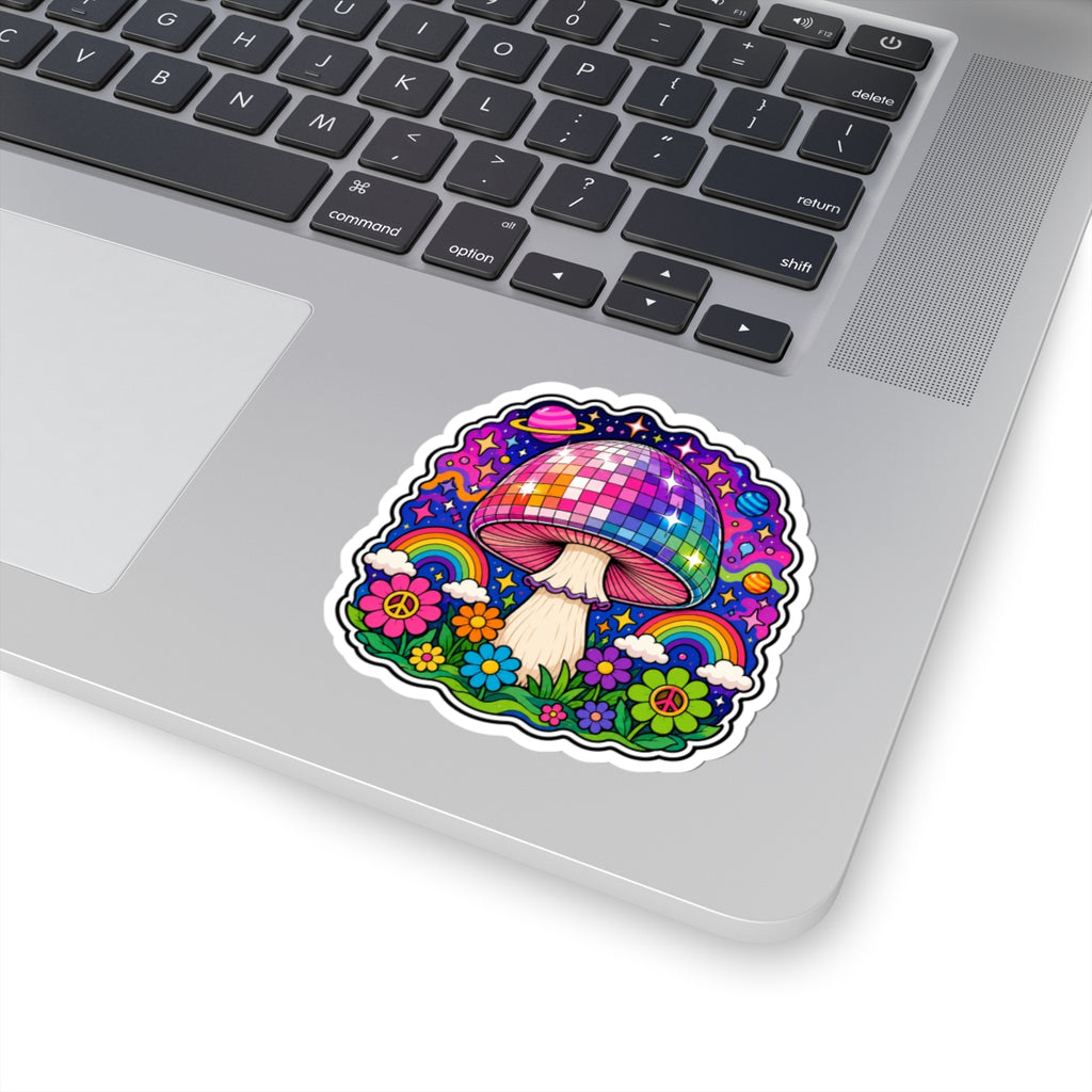 Psychedelic Disco Mushroom Sticker — Rainbow Retro Floral Kiss-Cut Vinyl