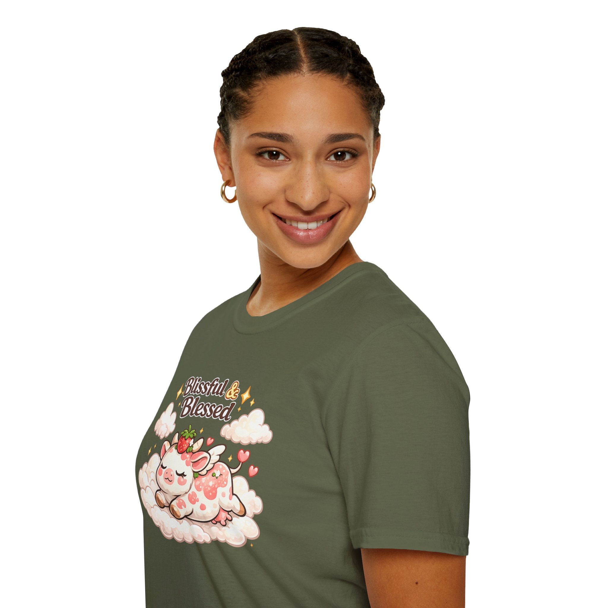 Blissful & Blessed Cute Strawberry Cow T-Shirt — Cozy Gift Tee