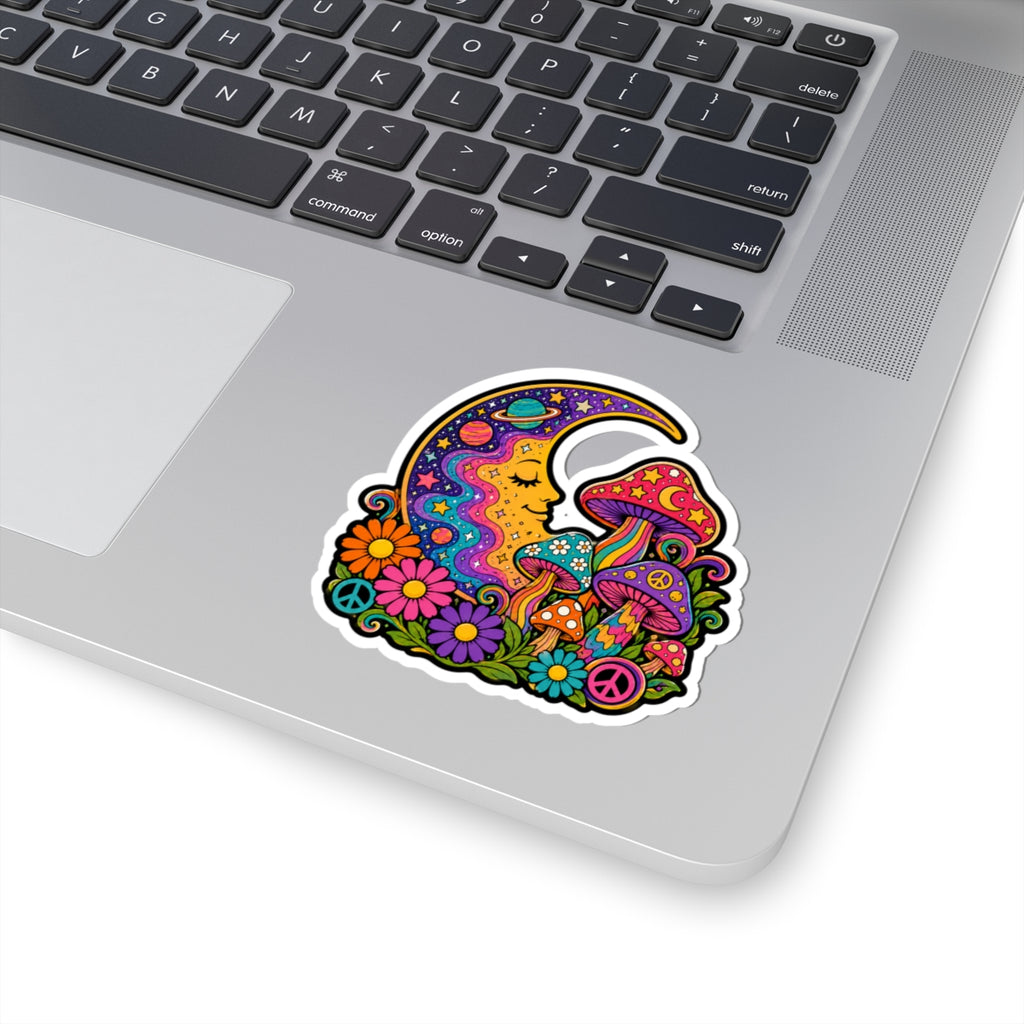 Psychedelic Moon & Mushroom Kiss-Cut Sticker — Retro Floral Peace Vibes