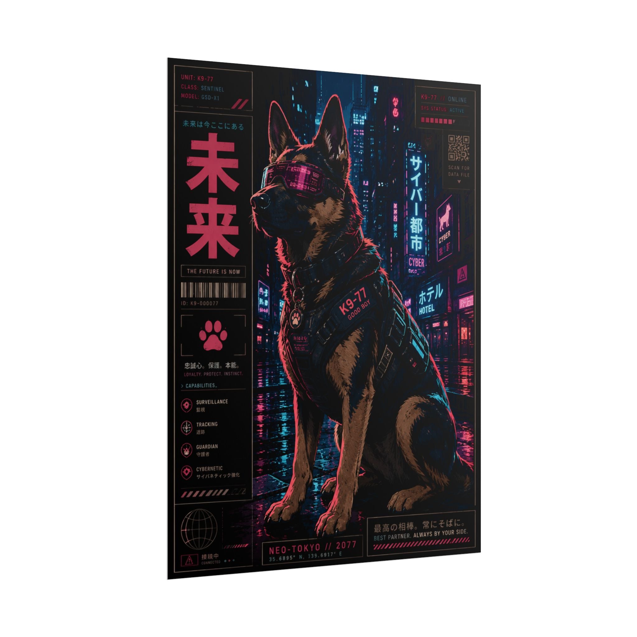 Cyberpunk Dog Poster — Neon Futuristic Rolled Wall Art (Japanese Text)
