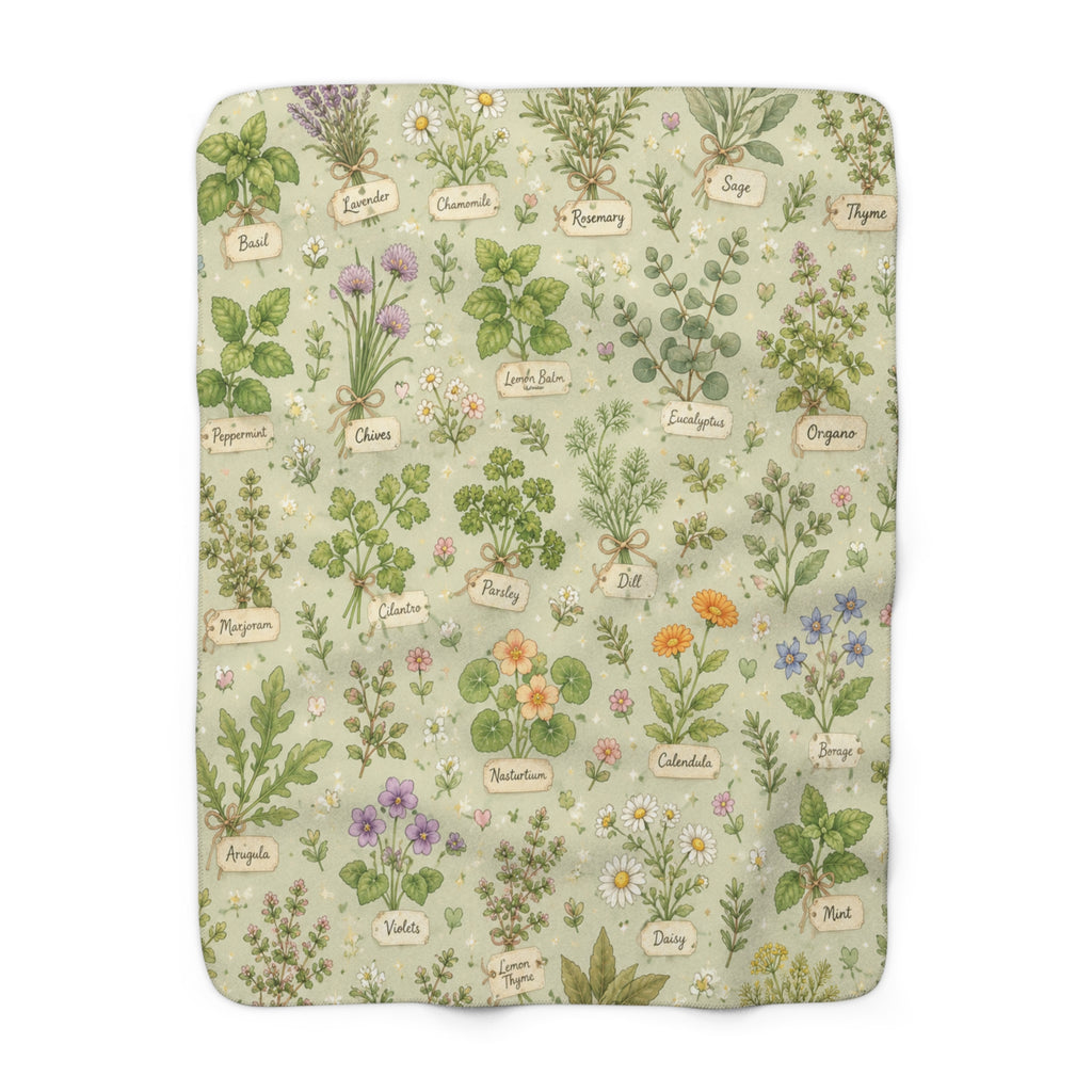 Pastel Herbal Garden Sherpa Blanket — Botanical Labeled Herbs Fleece Throw