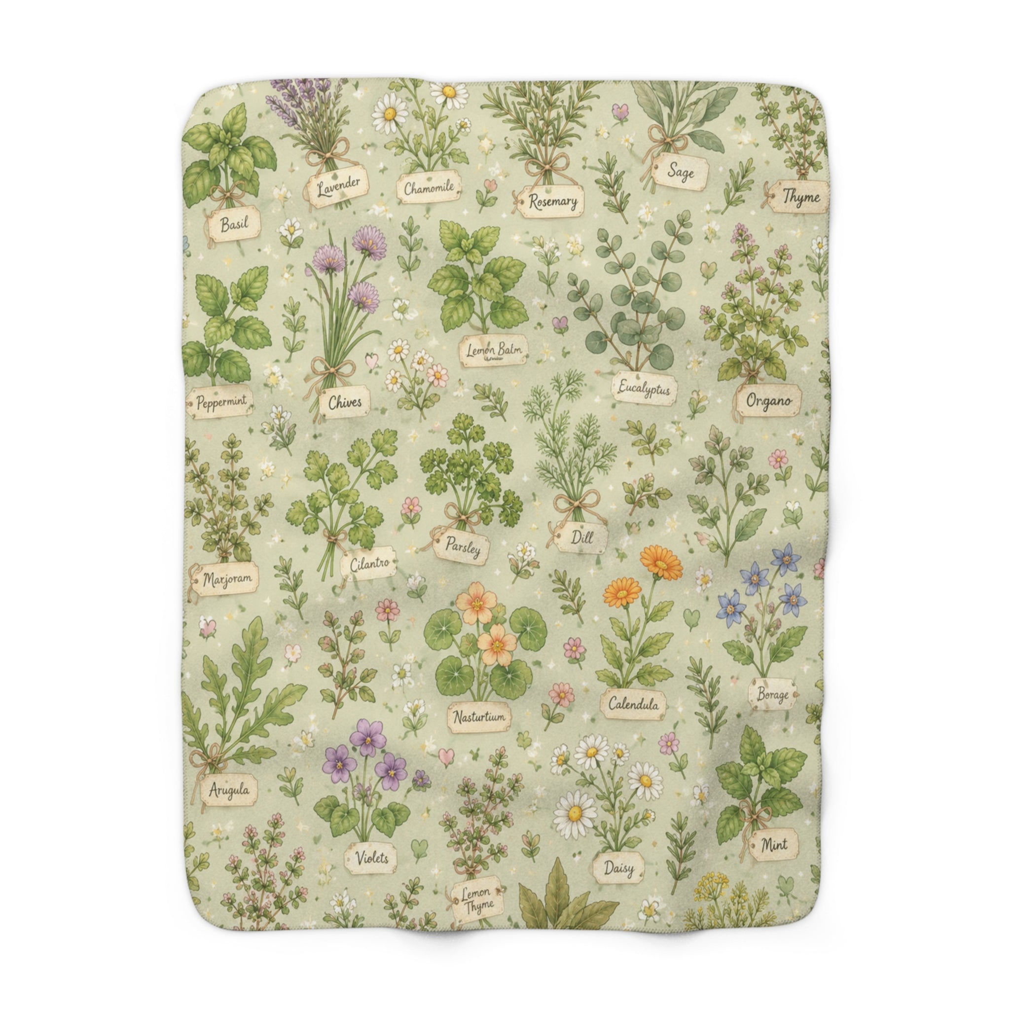Pastel Herbal Garden Sherpa Blanket — Botanical Labeled Herbs Fleece Throw