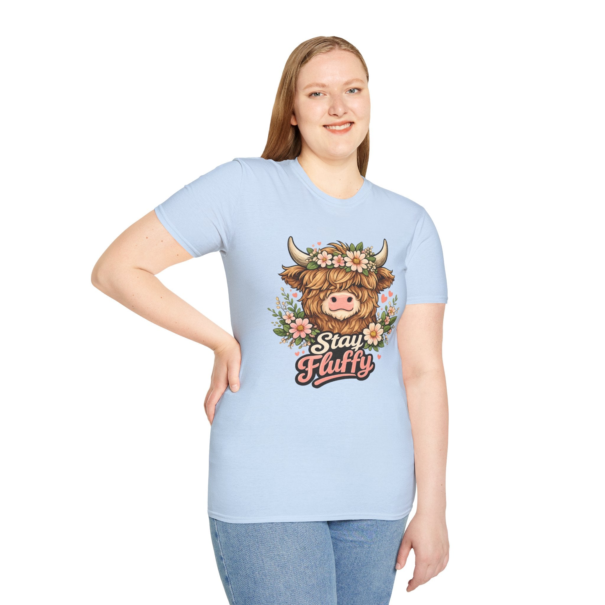 Highland Cow "Stay Fluffy" T-Shirt — Floral Highland Cattle Graphic Tee