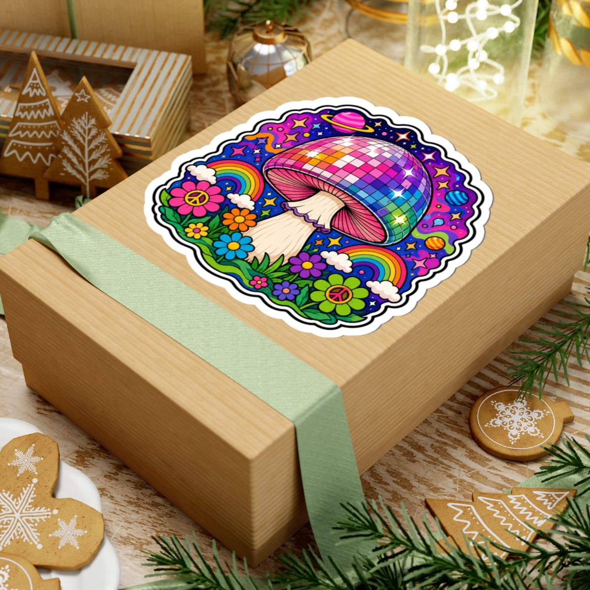 Psychedelic Disco Mushroom Sticker — Rainbow Retro Floral Kiss-Cut Vinyl