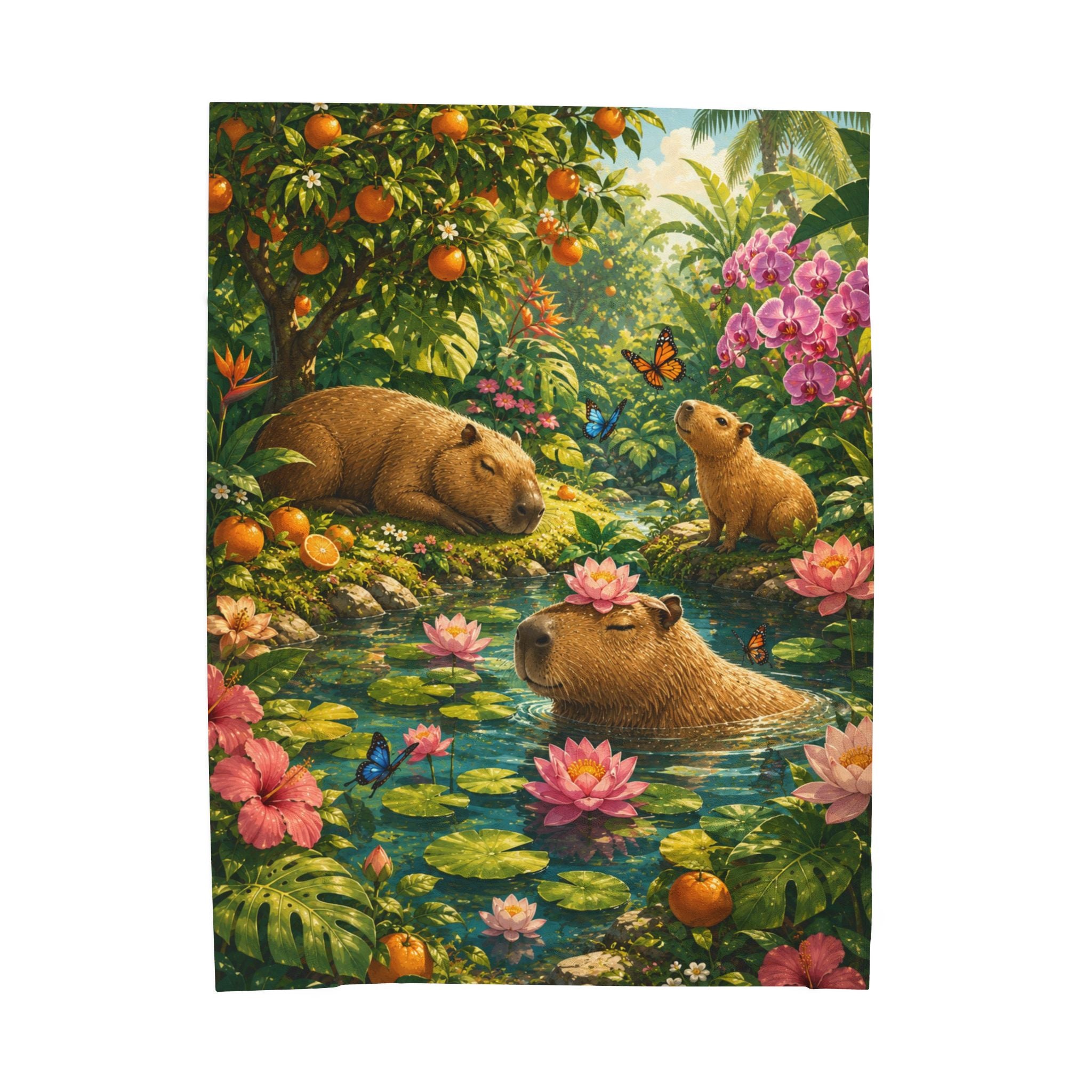 Capybara Garden Velveteen Plush Blanket — Tropical Floral Cozy Throw