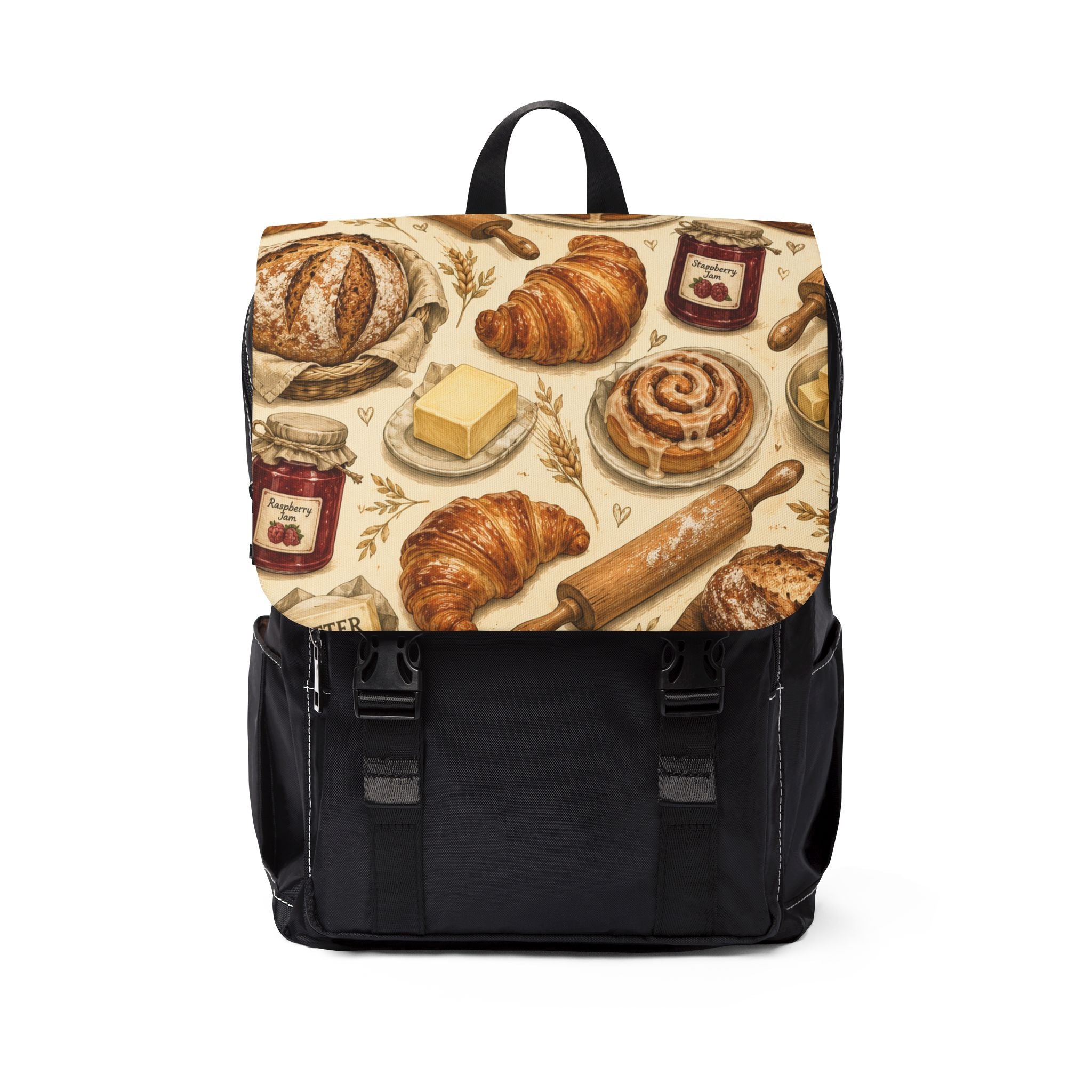 Bakery Pattern Shoulder Backpack — Pastries, Croissants & Jam Print