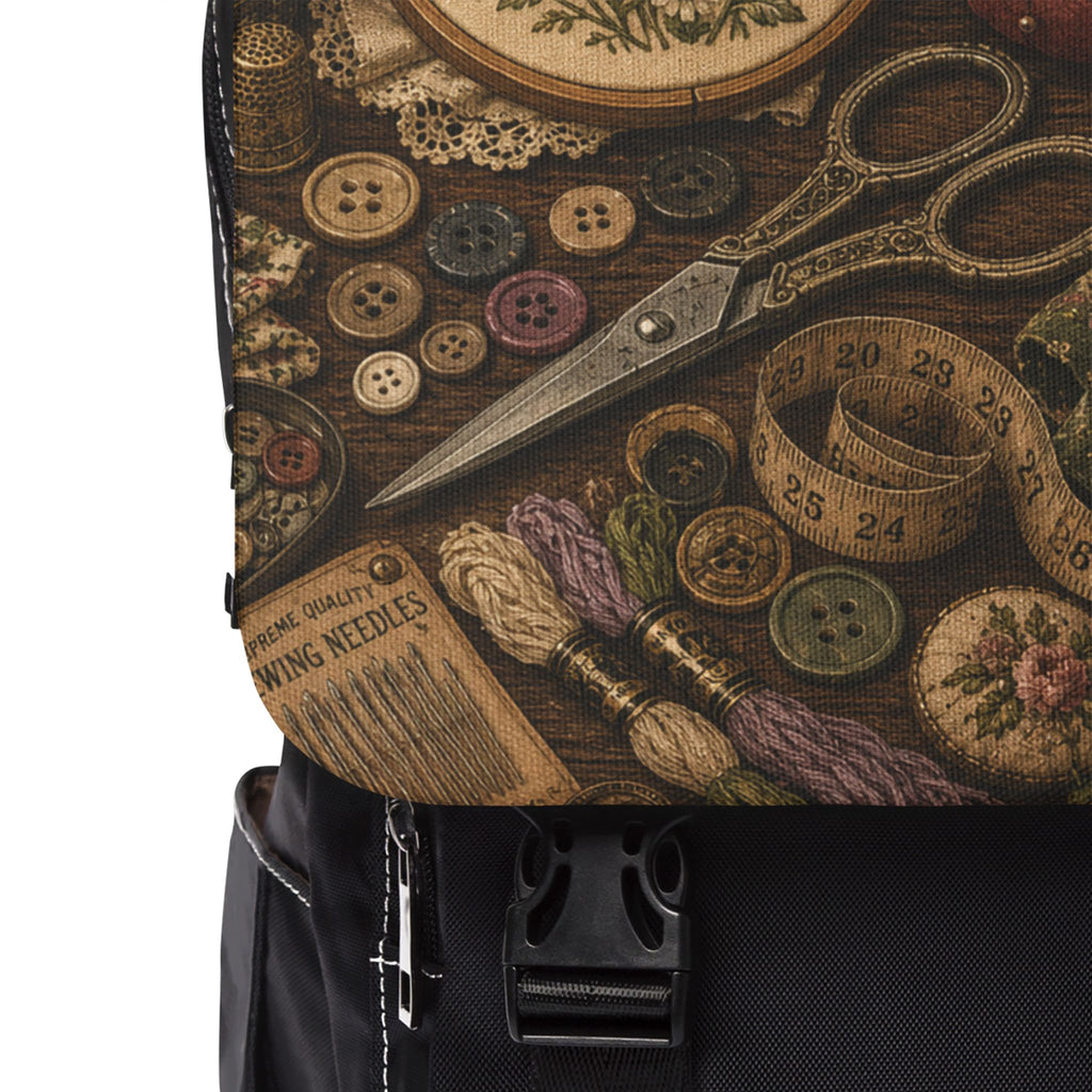 Vintage Sewing Tools Shoulder Backpack — Embroidery Scissors & Buttons Canvas Backpack