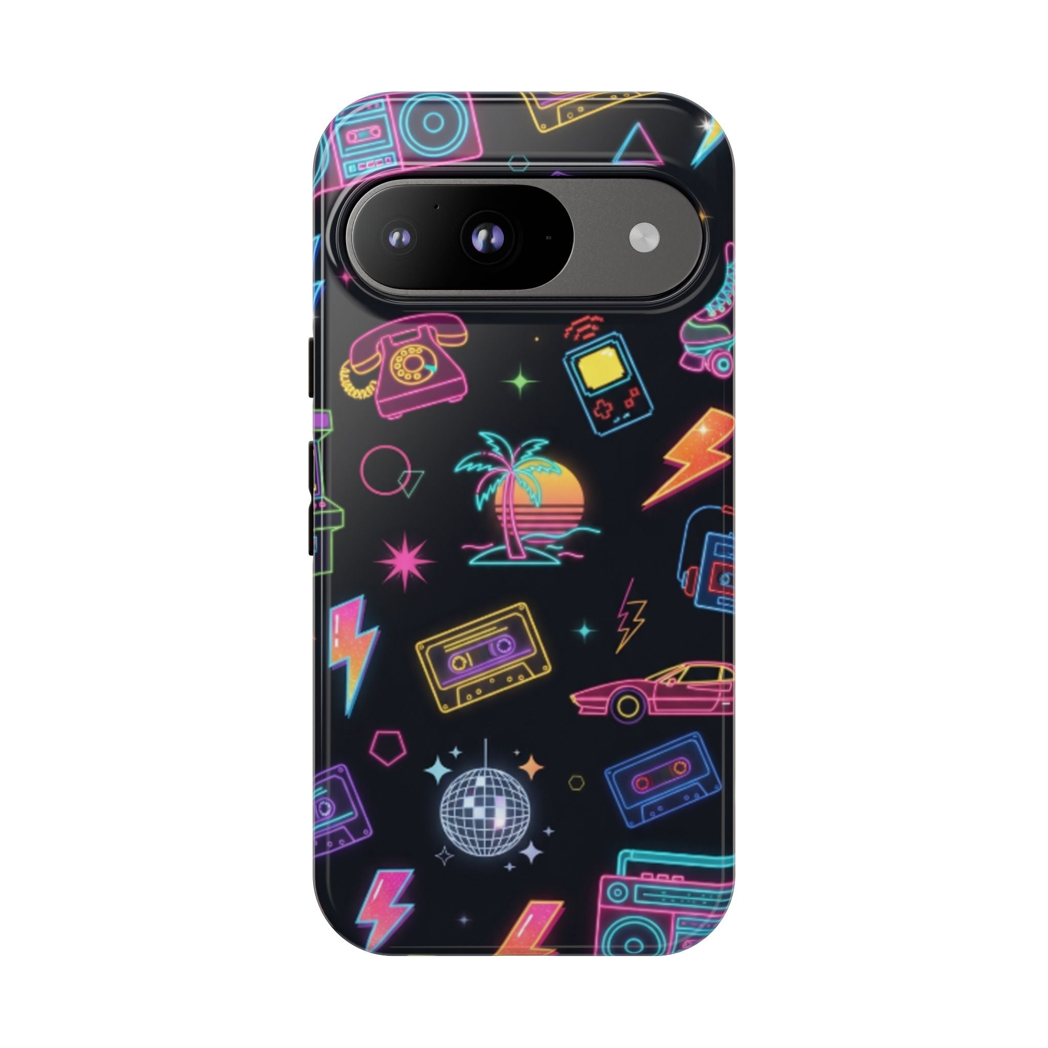 Retro Neon 80s Phone Case — Cassette, Roller Skate & Palm Tree Pattern