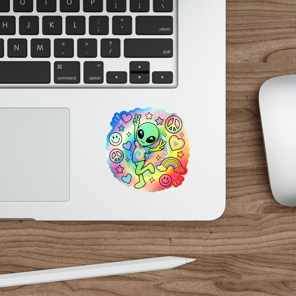 Holographic Alien Peace Sticker — Tie-Dye Vibe Die-Cut Sticker #06