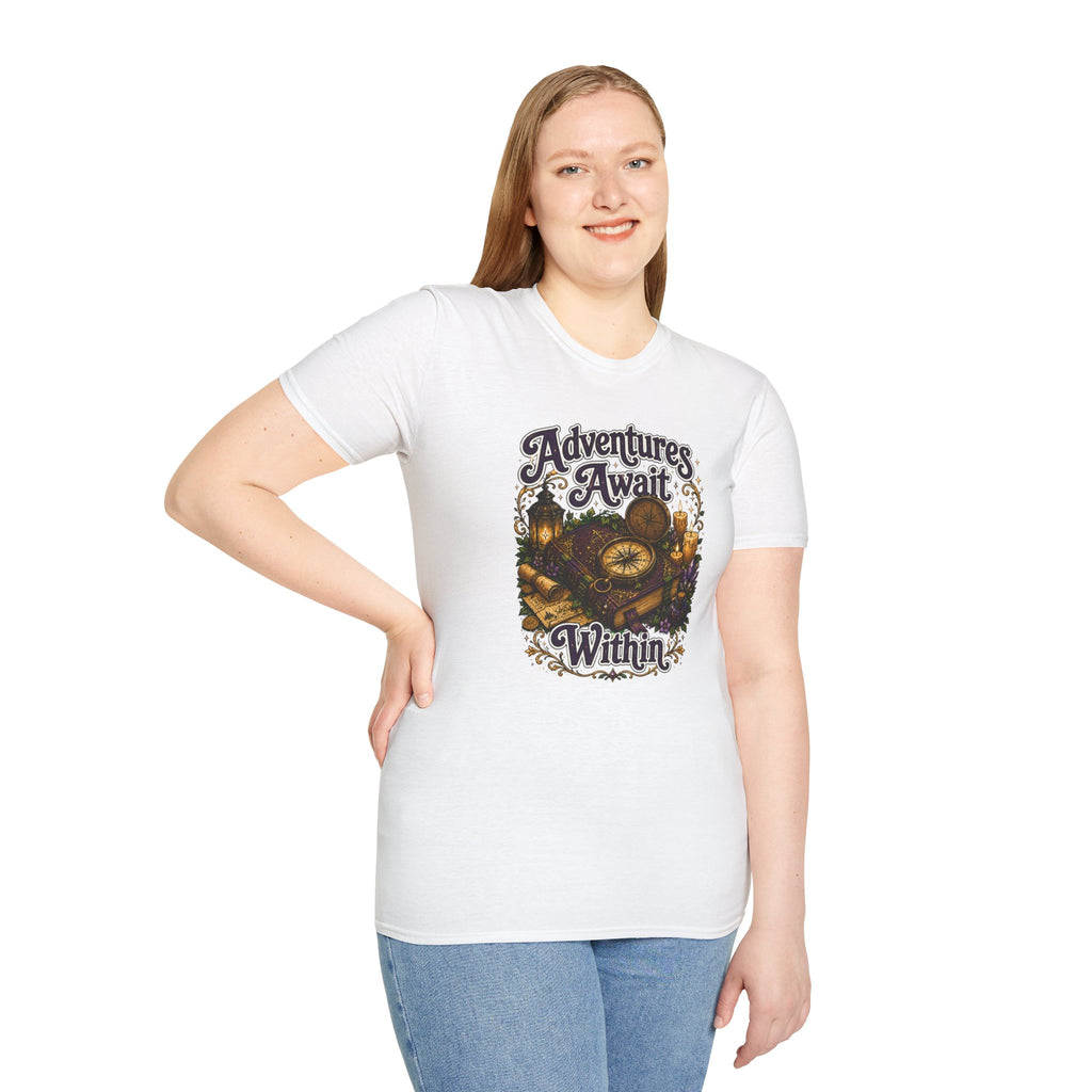 T-Shirt — "Adventures Await" Compass & Candle Travel Graphic