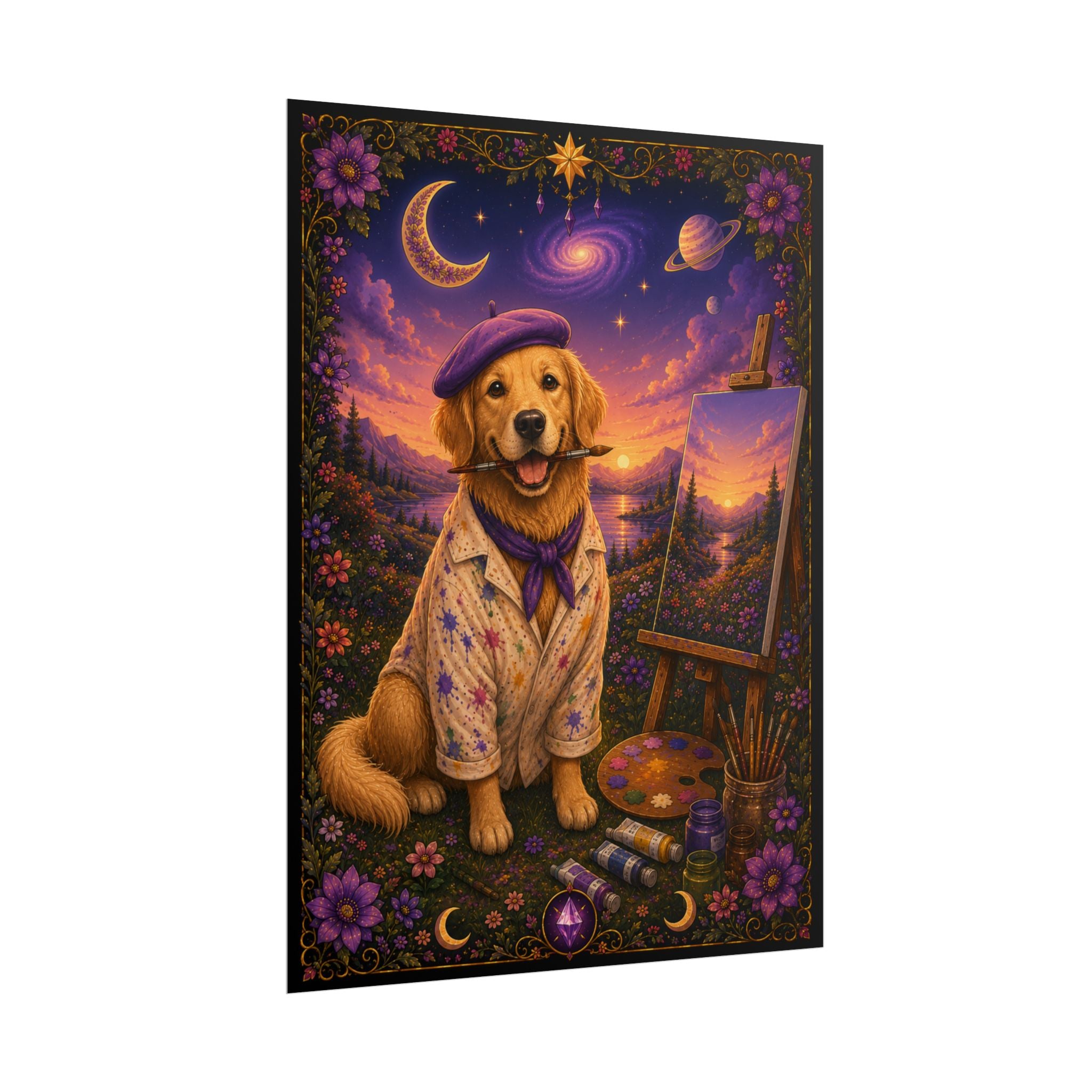 Artist Golden Retriever Poster — Cute Dog Painter Art Print for Home Decor